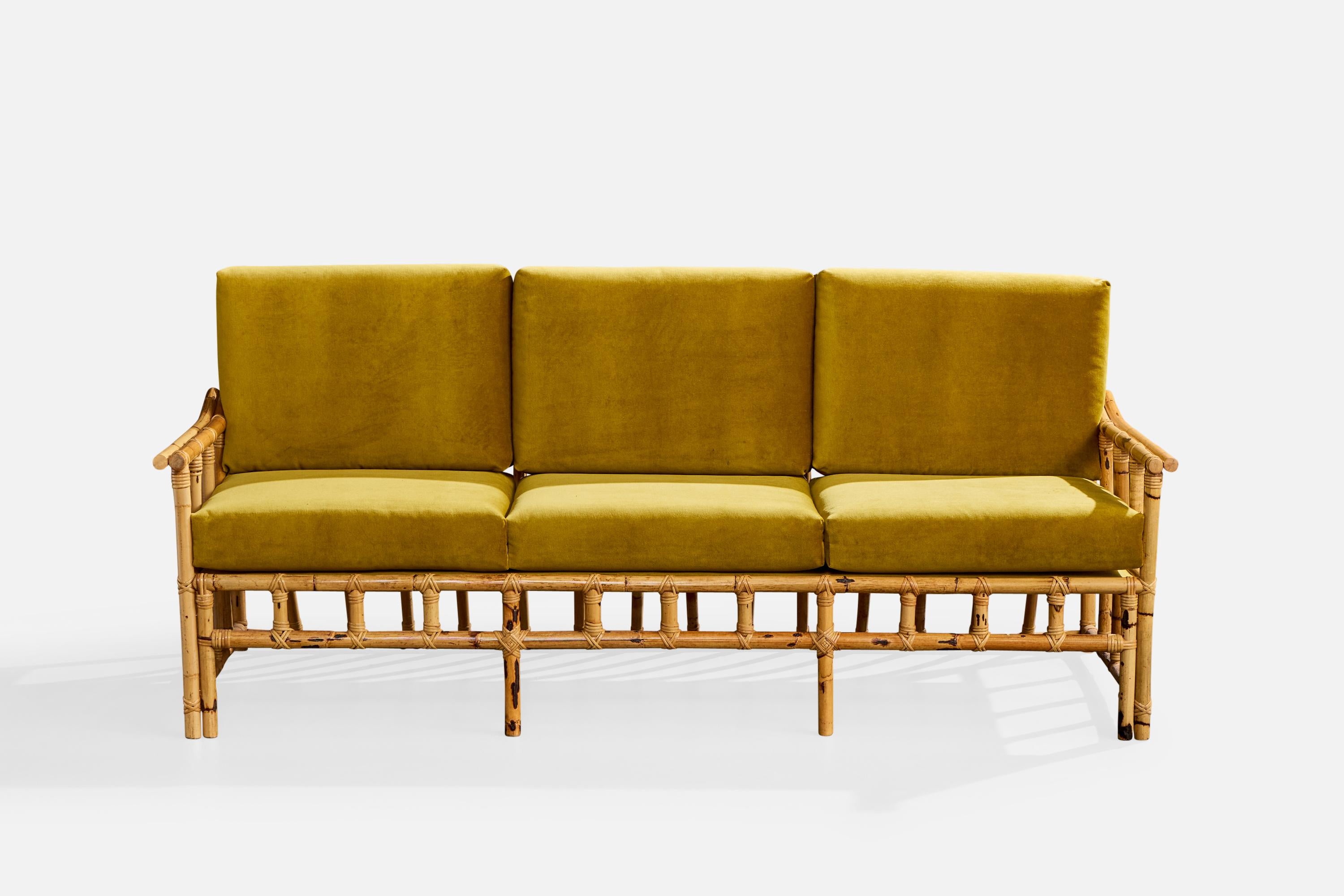 Spanish Cerdá, Sofa, Bamboo, Rattan, Velvet, Spain, 1950s For Sale