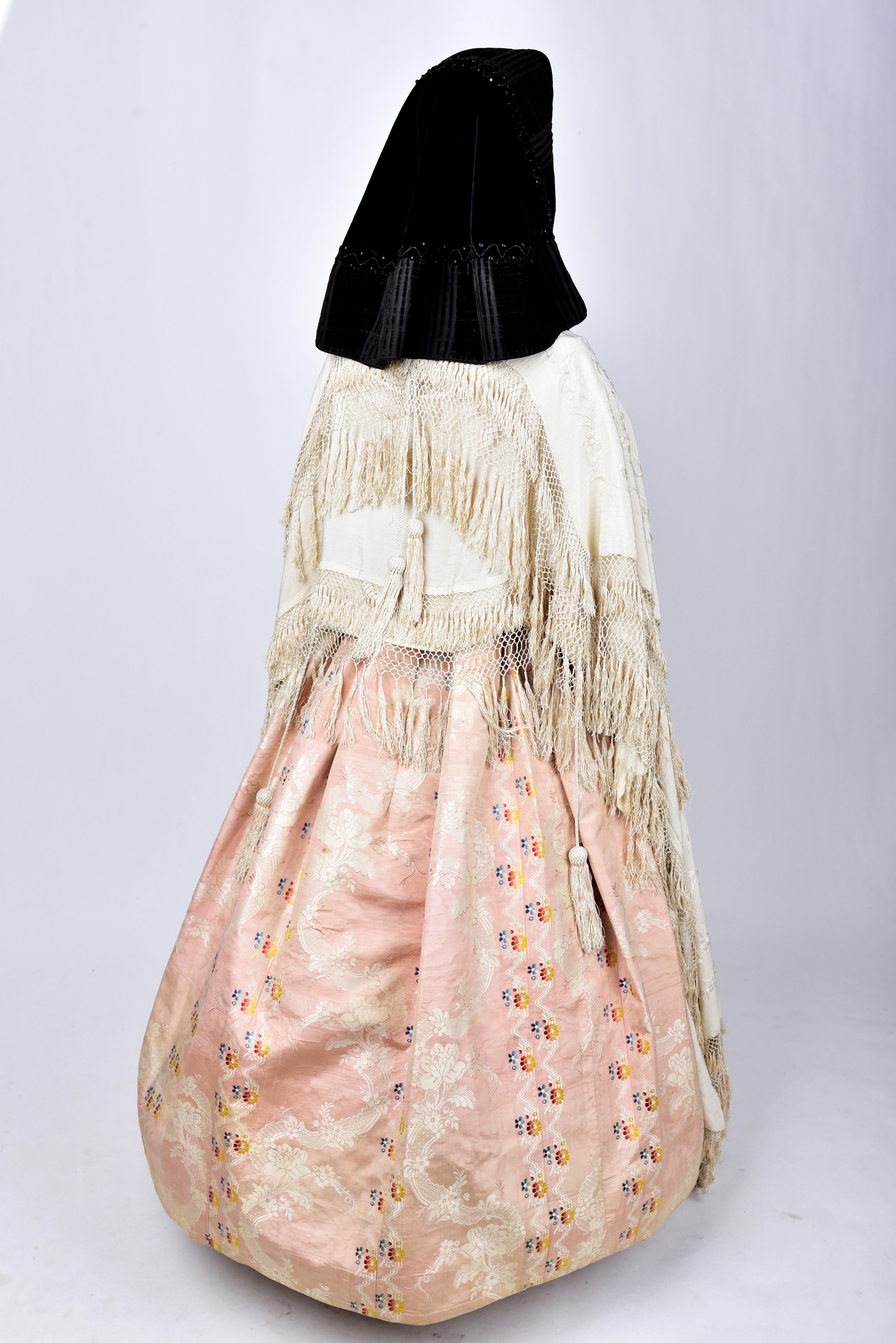 Beige Ceremonial Crinoline Dress, Mantilla and Manilla Shawl - Spain Circa 1860