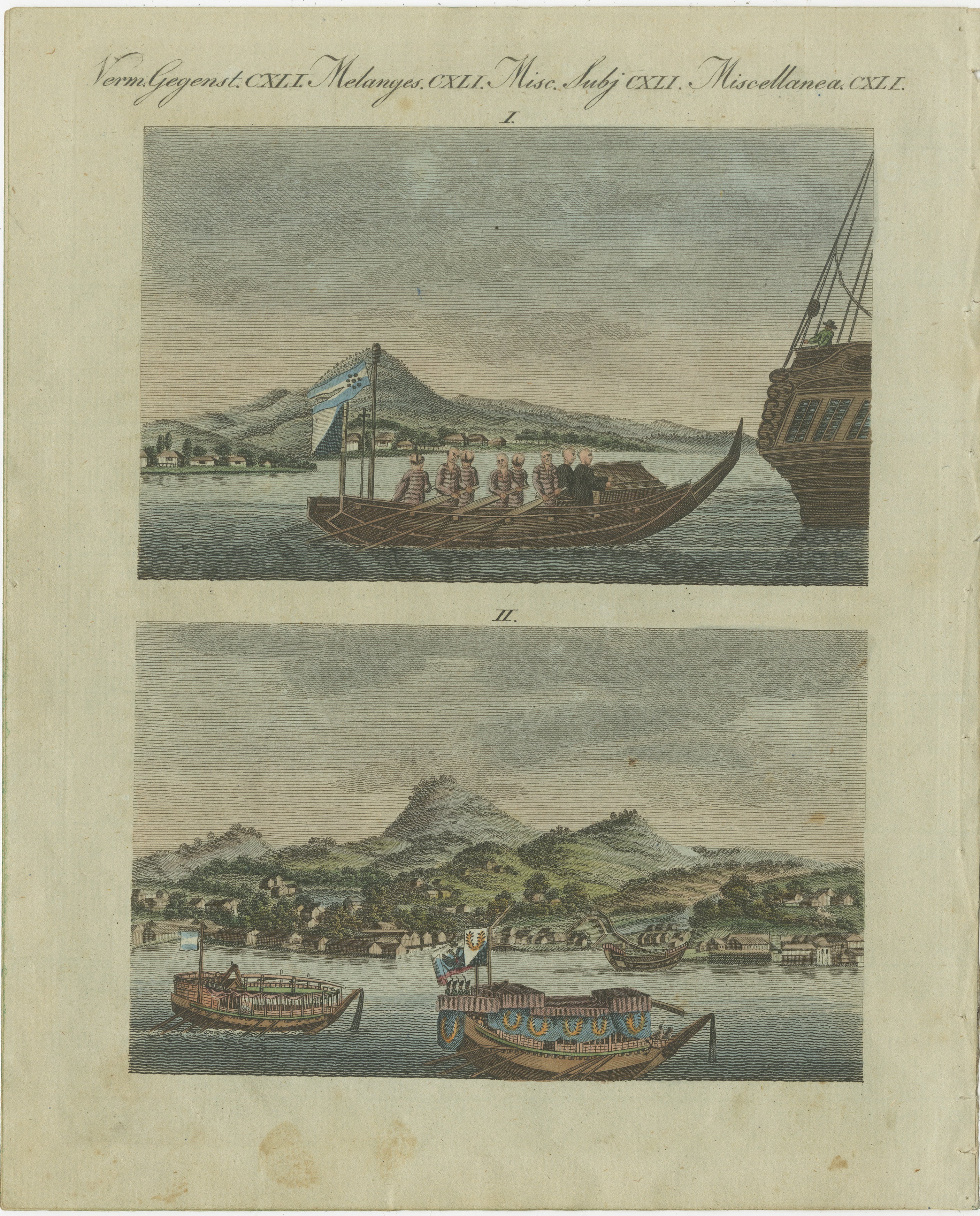 Boats in this engraving are intended to represent Japanese ships, particularly ceremonial or diplomatic vessels from the Edo period—but as interpreted by European artists of the late 18th century. Here's why that interpretation holds weight:

Visual