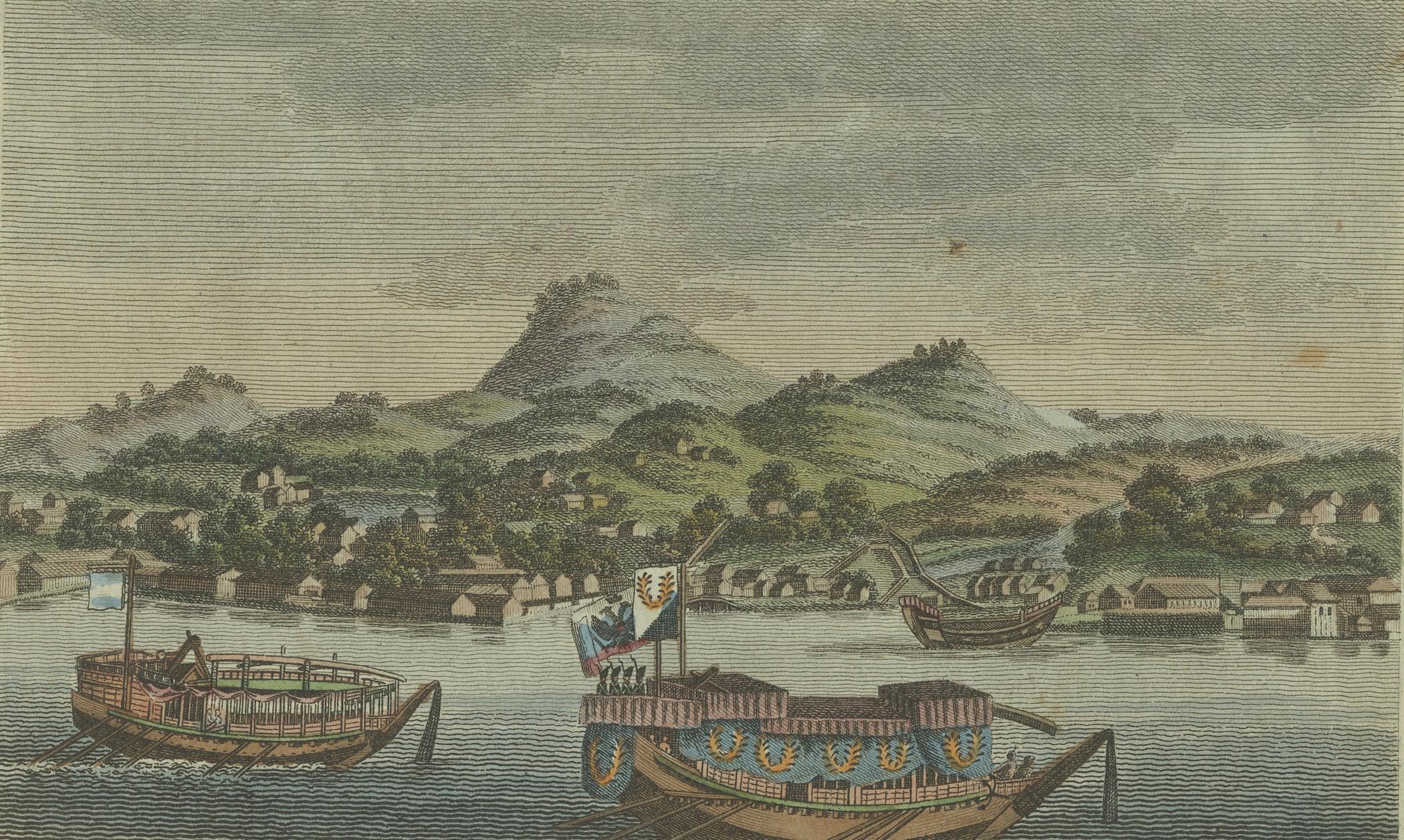 Ceremonial Japanese Ships on River – Hand-Colored Print from 18th Century In Fair Condition For Sale In Langweer, NL