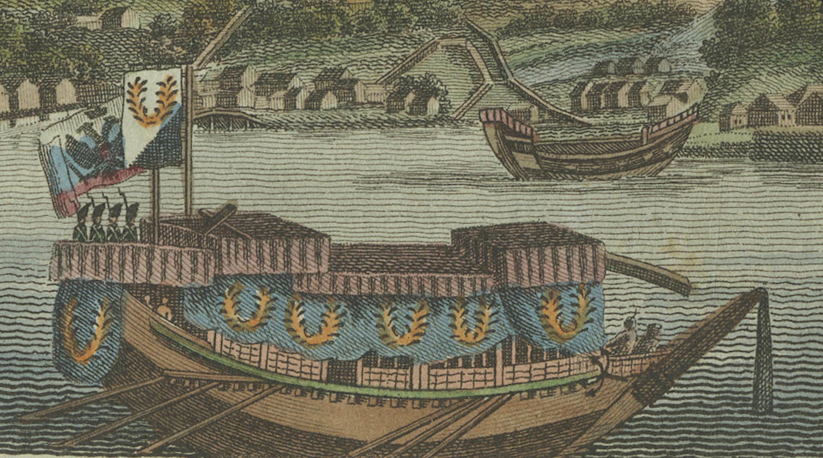 Paper Ceremonial Japanese Ships on River – Hand-Colored Print from 18th Century For Sale