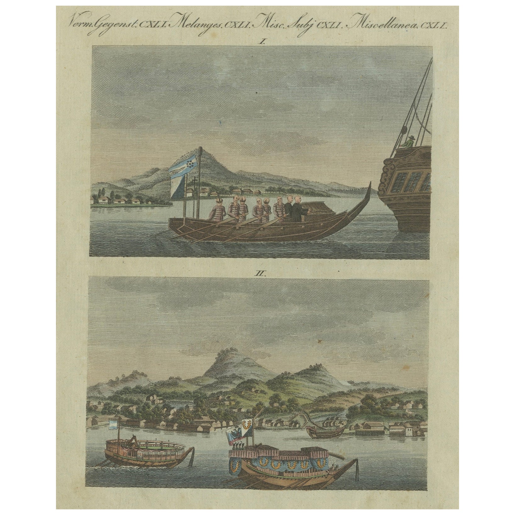 Ceremonial Japanese Ships on River – Hand-Colored Print from 18th Century For Sale