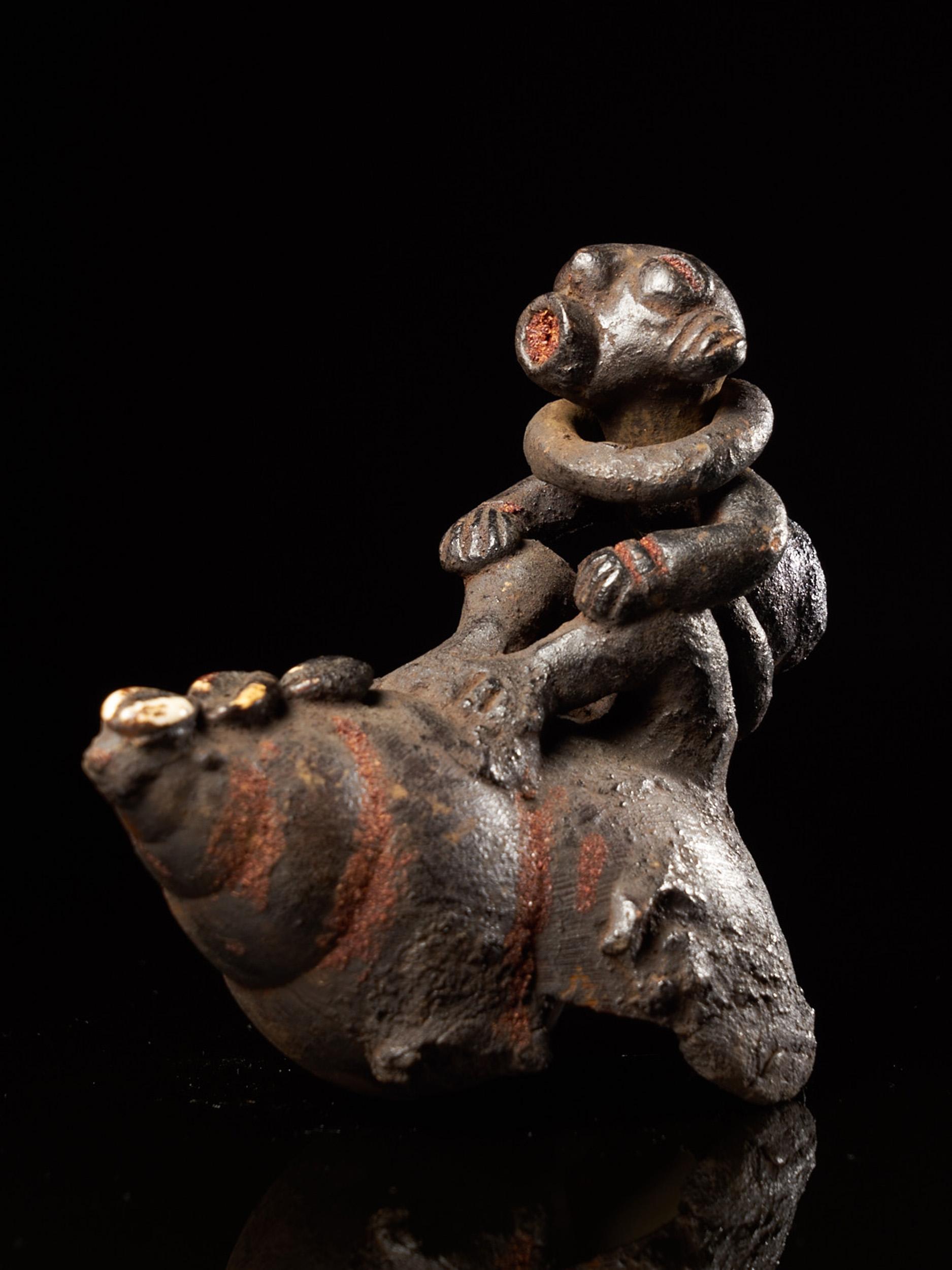 Cameroonian Ceremonial Monkey Figure on a Snailshell, Old German Collection, Bulu People