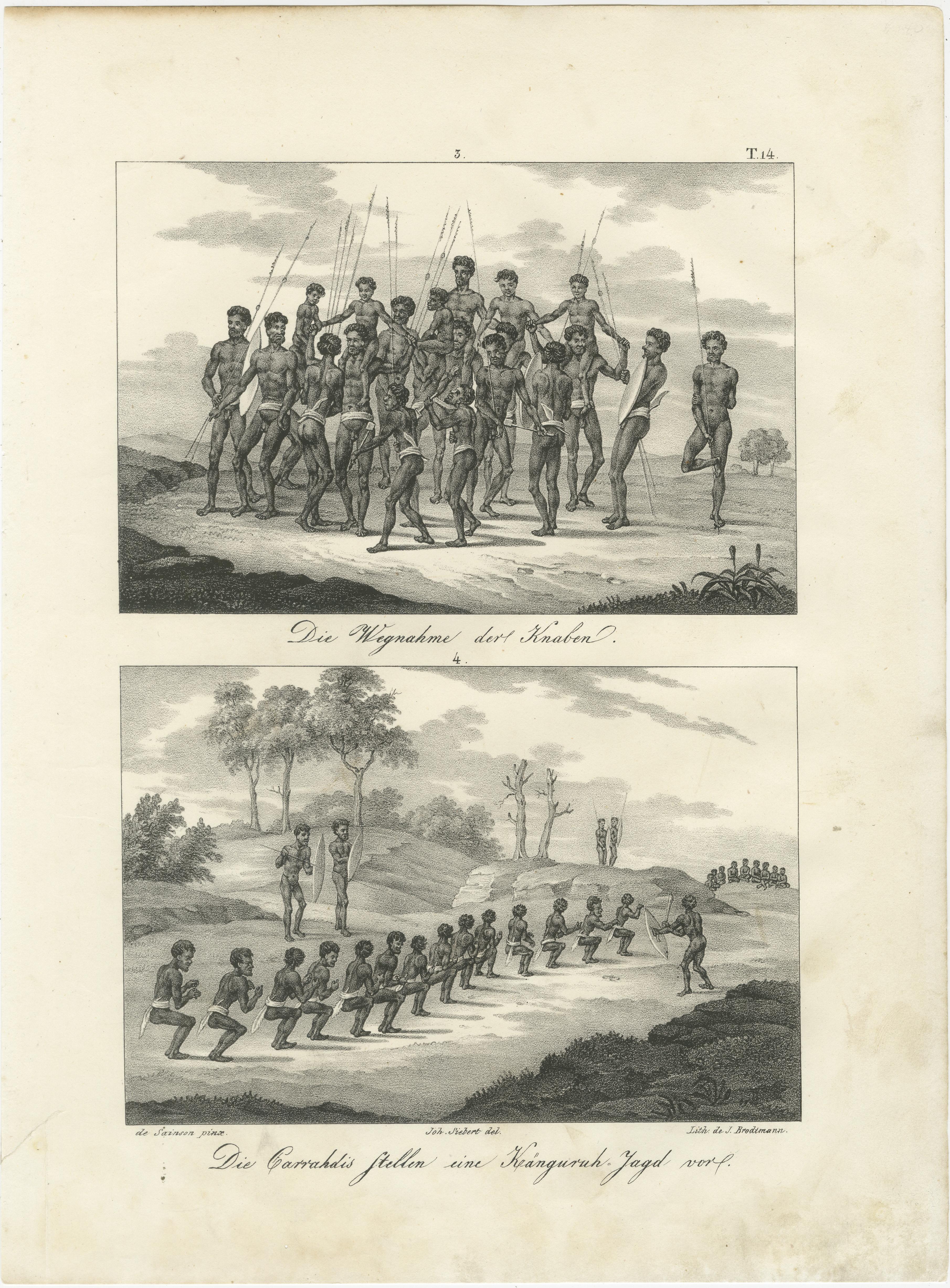Diese Zusammenstellung zeigt drei detaillierte Lithografien, die die zeremoniellen und rituellen Praktiken der australischen Ureinwohner in New Holland (dem heutigen Australien) darstellen, wie sie während Dumont d'Urvilles Expedition an Bord der