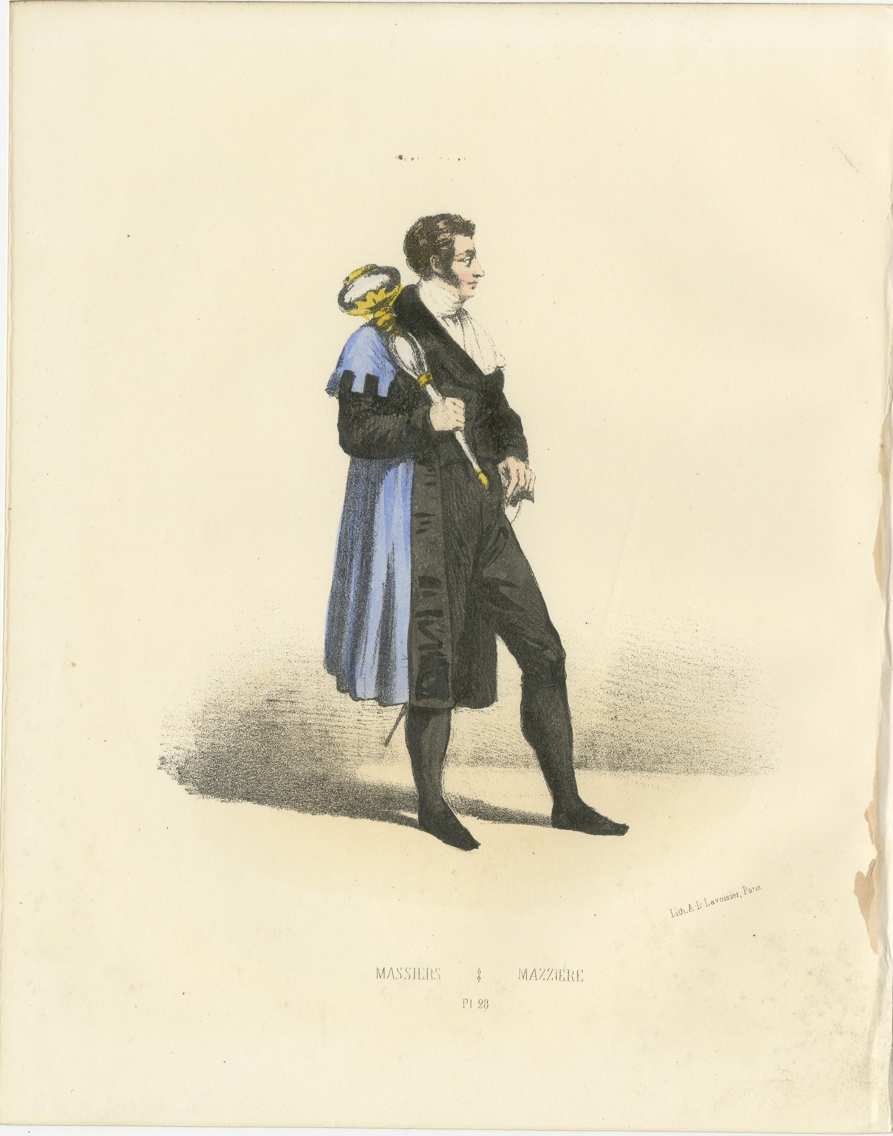 Ceremonial Prestige: Handkolorierter Druck eines Massier, Teller 23, 1862  

Diese bezaubernde handkolorierte Lithographie, Ceremonial Prestige, ist Tafel 23 aus der zweiten Ausgabe von Album ou Collection Complète, et Historique des Costumes de la