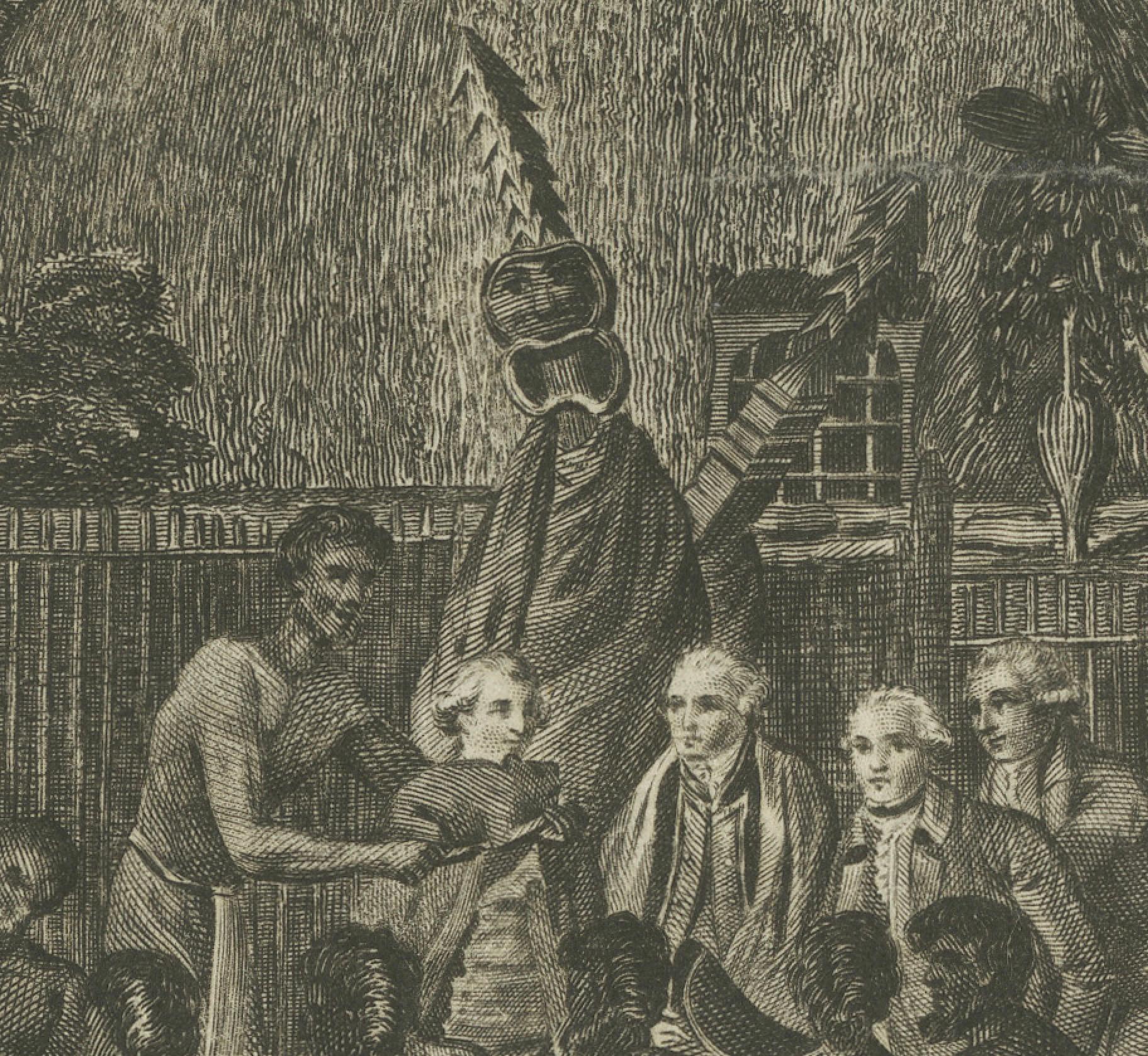 Zeremonieller Tribut an Kapitän Cook im hawaiianischen Archipel, um 1790 (18. Jahrhundert) im Angebot