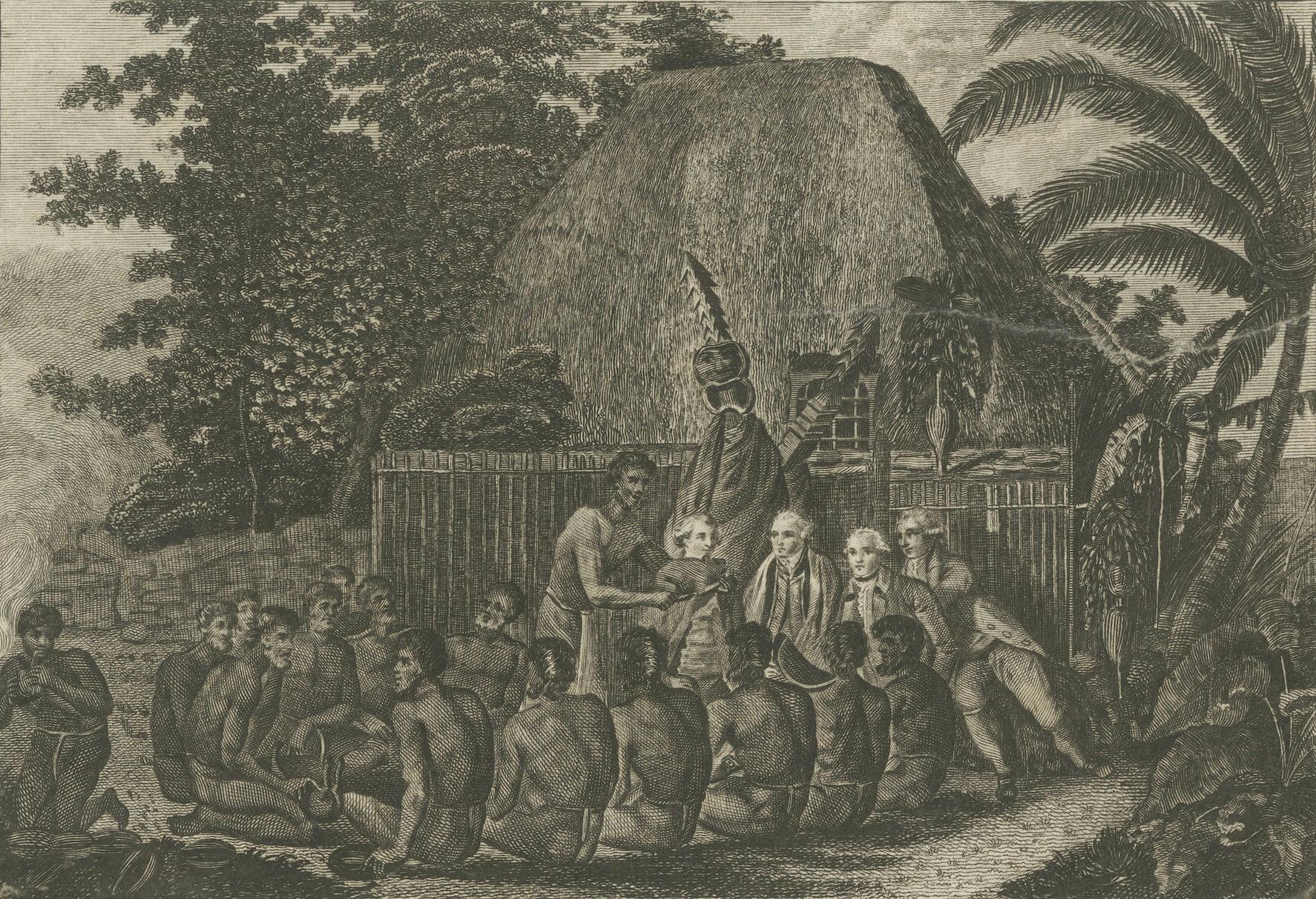 Zeremonieller Tribut an Kapitän Cook im hawaiianischen Archipel, um 1790 (Papier) im Angebot
