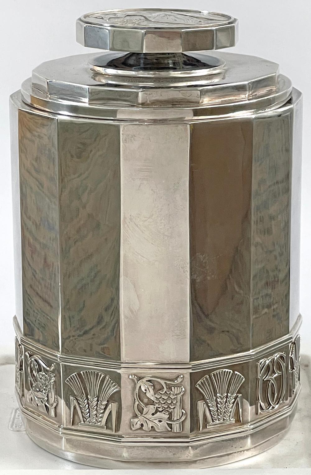 One of the most extraordinary and beautifully crafted Art Deco silver pieces we have ever seen, this 1930s-vintage sterling canister or humidor was made by Erik Fleming's Atelier Borgila in Sweden, commissioned by the Swedish Brewery Association.