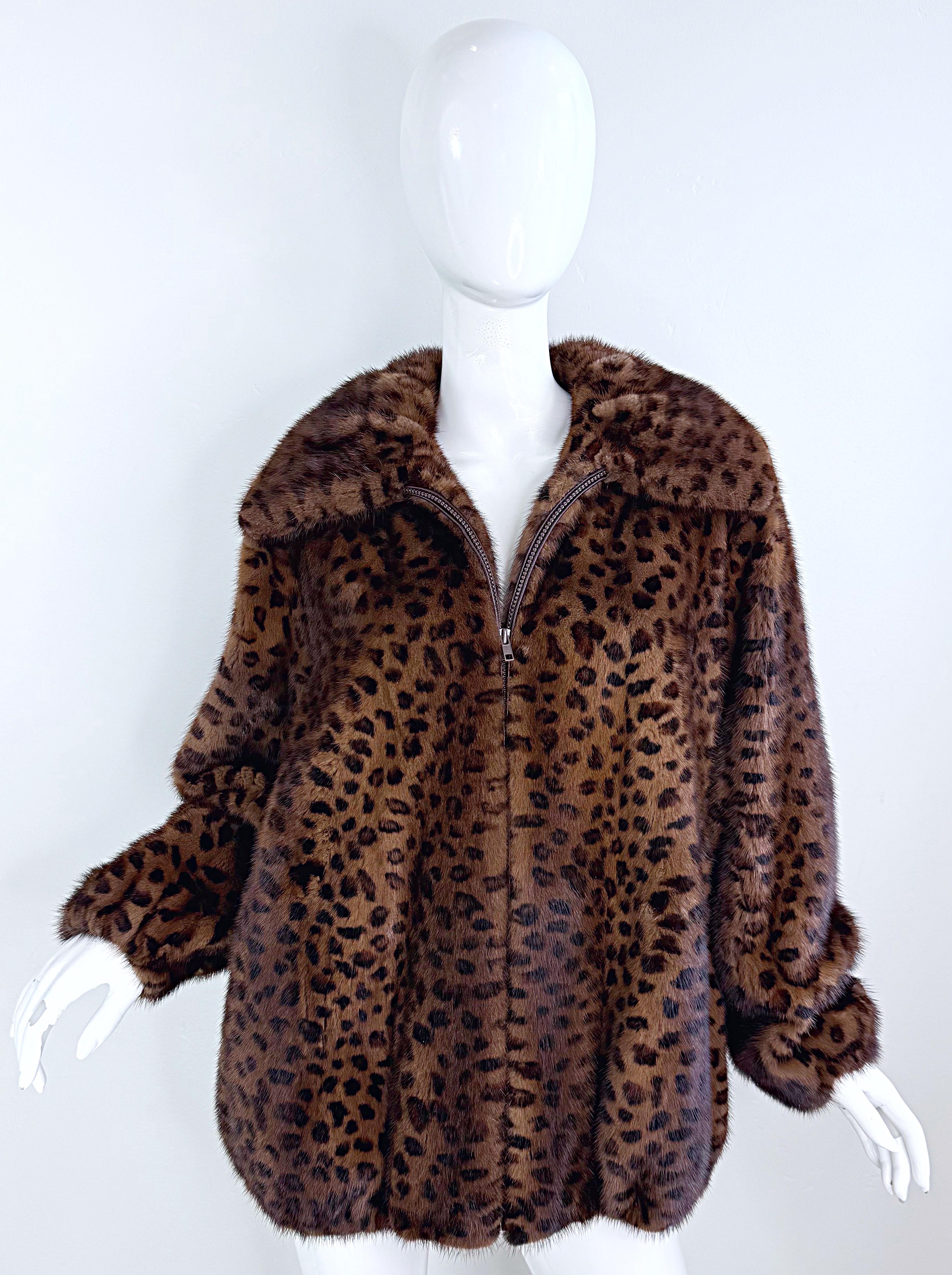 Black Ceresnie & Offen 1980s Mink Fur Leopard Print Vintage 80s Oversize Bomber Jacket For Sale