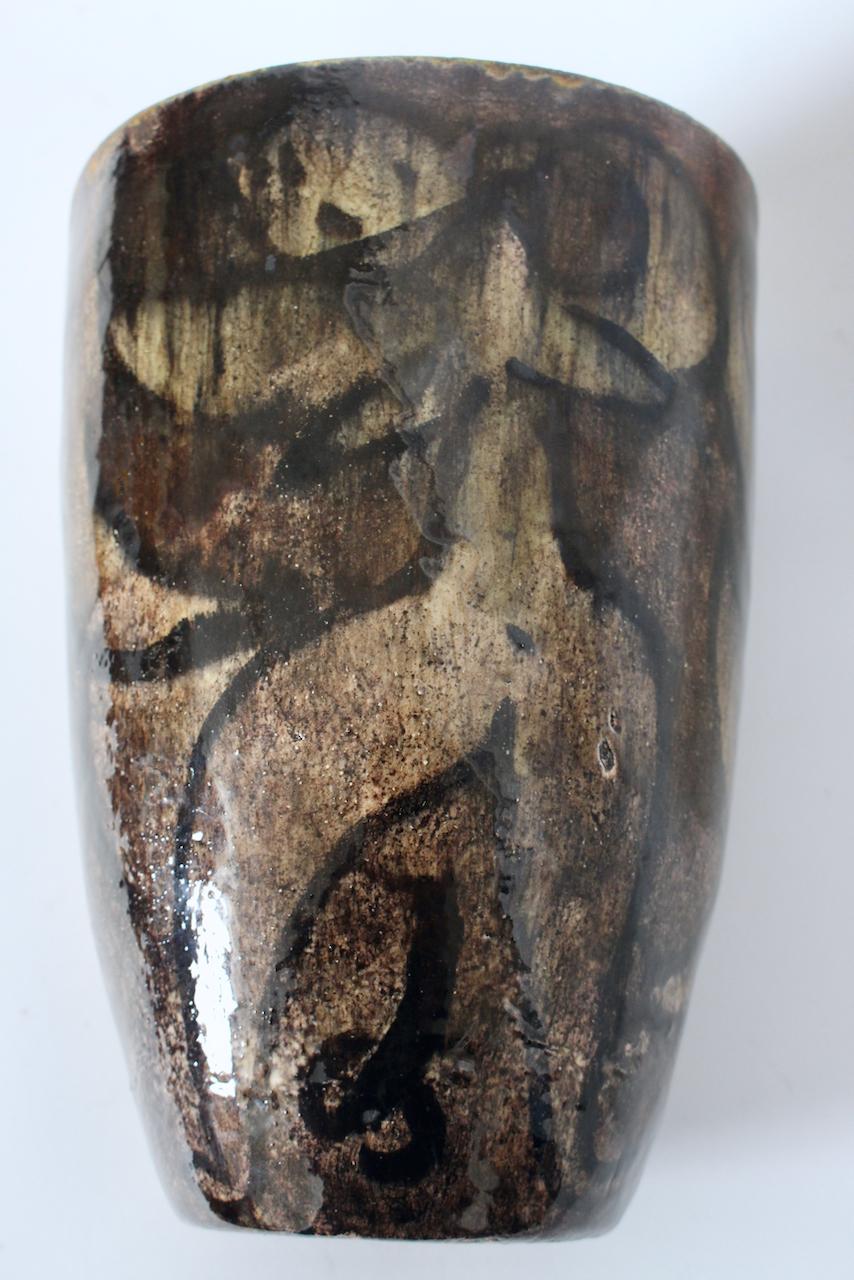 Cereste Figurative Earthen Toned Oblong Glazed Pottery Vase For Sale 3