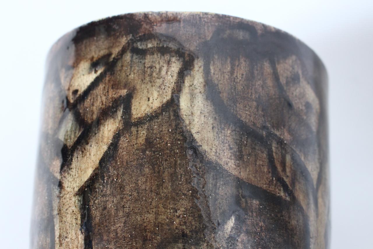 Cereste Figurative Earthen Toned Oblong Glazed Pottery Vase For Sale 4