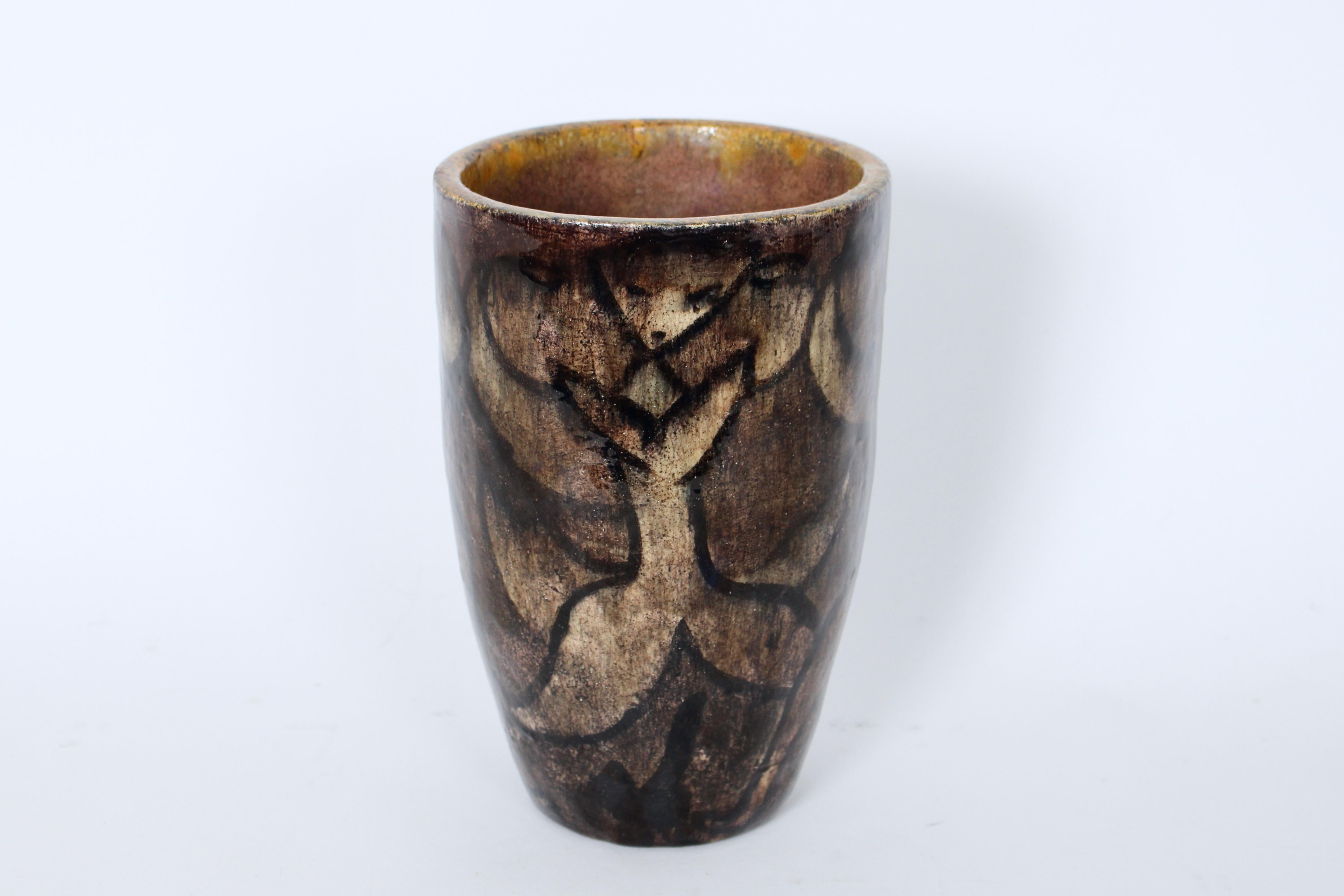 Cereste Figurative Earthen Toned Oblong Glazed Pottery Vase For Sale 12