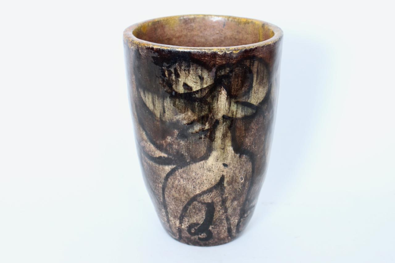 Mid-Century Modern Cereste Figurative Earthen Toned Oblong Glazed Pottery Vase For Sale
