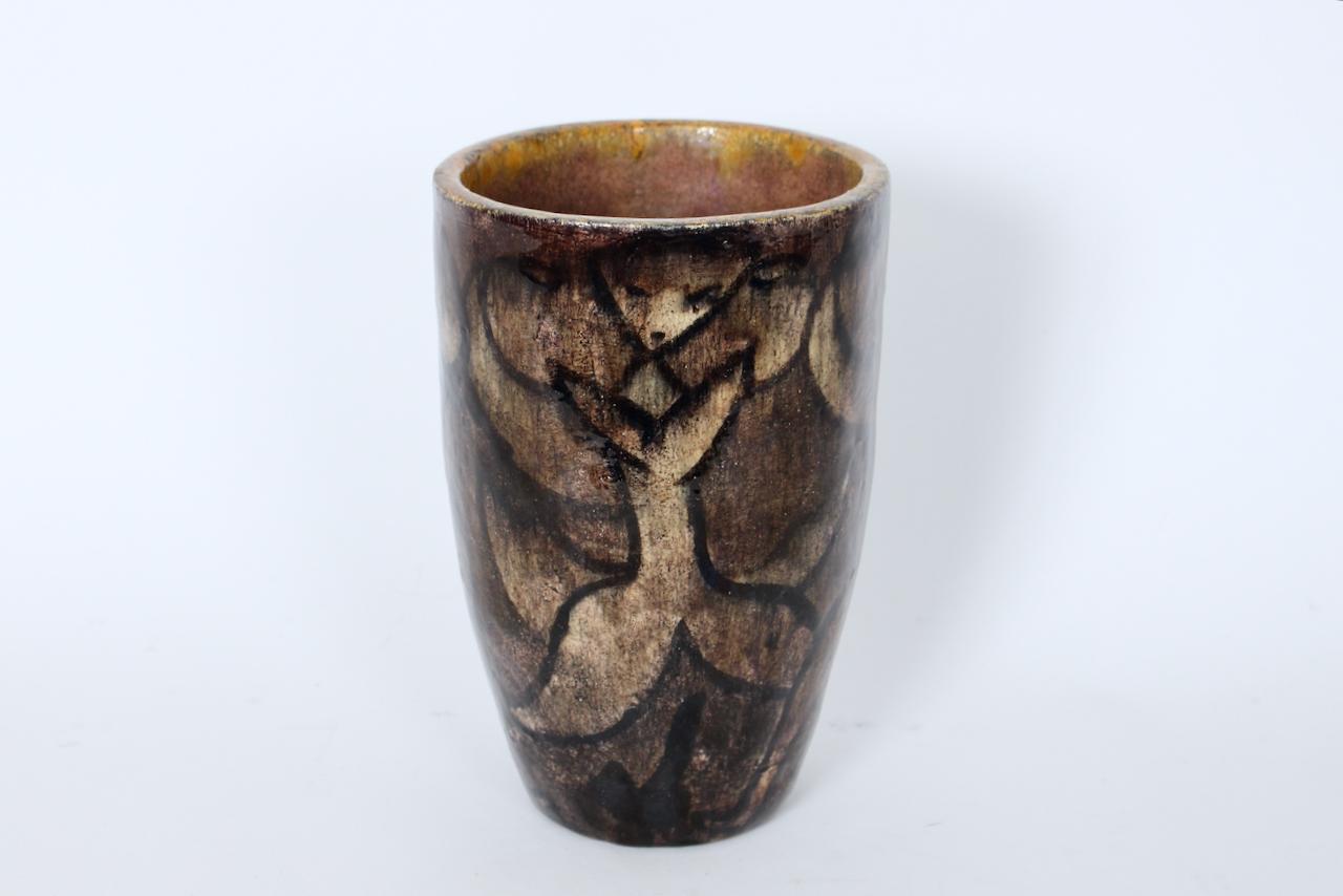 French Cereste Figurative Earthen Toned Oblong Glazed Pottery Vase For Sale