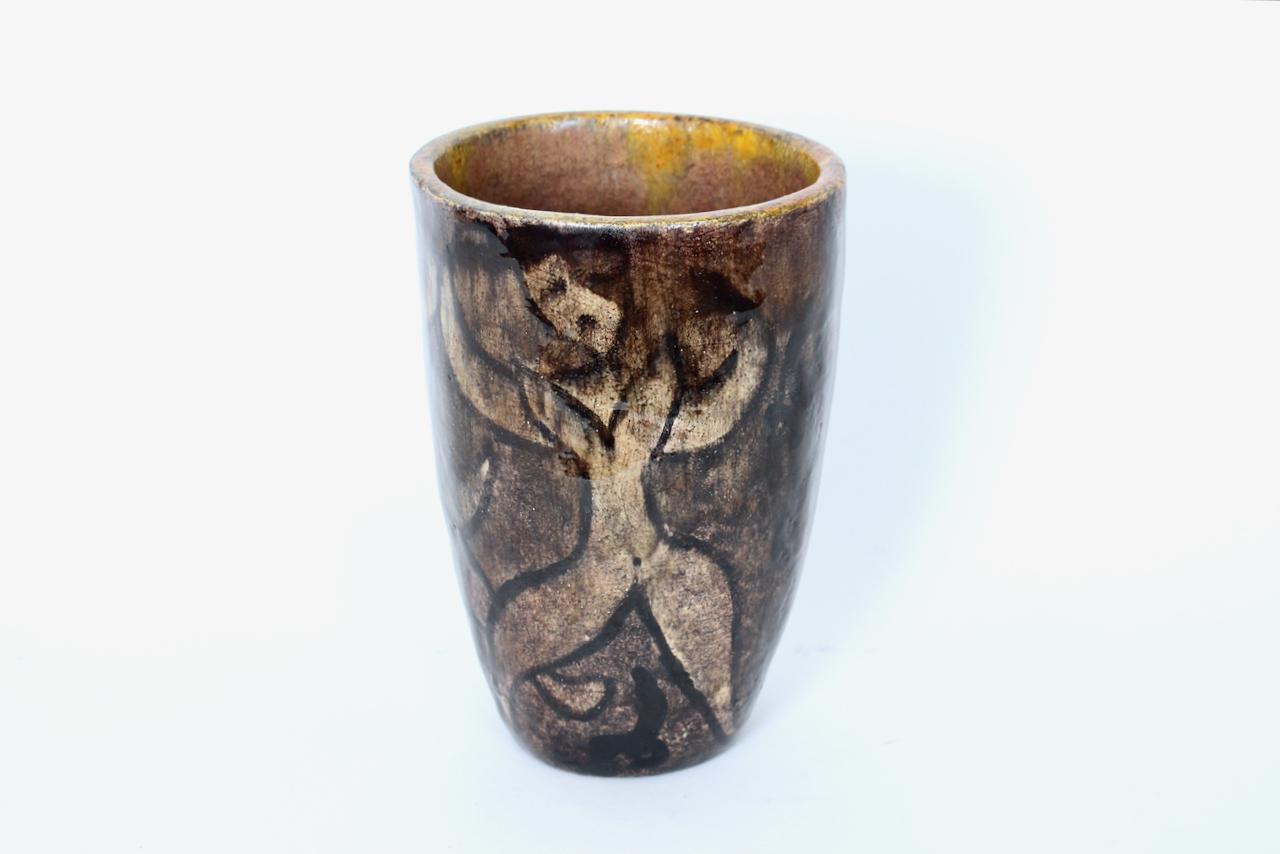 Cereste Figurative Earthen Toned Oblong Glazed Pottery Vase In Good Condition For Sale In Bainbridge, NY