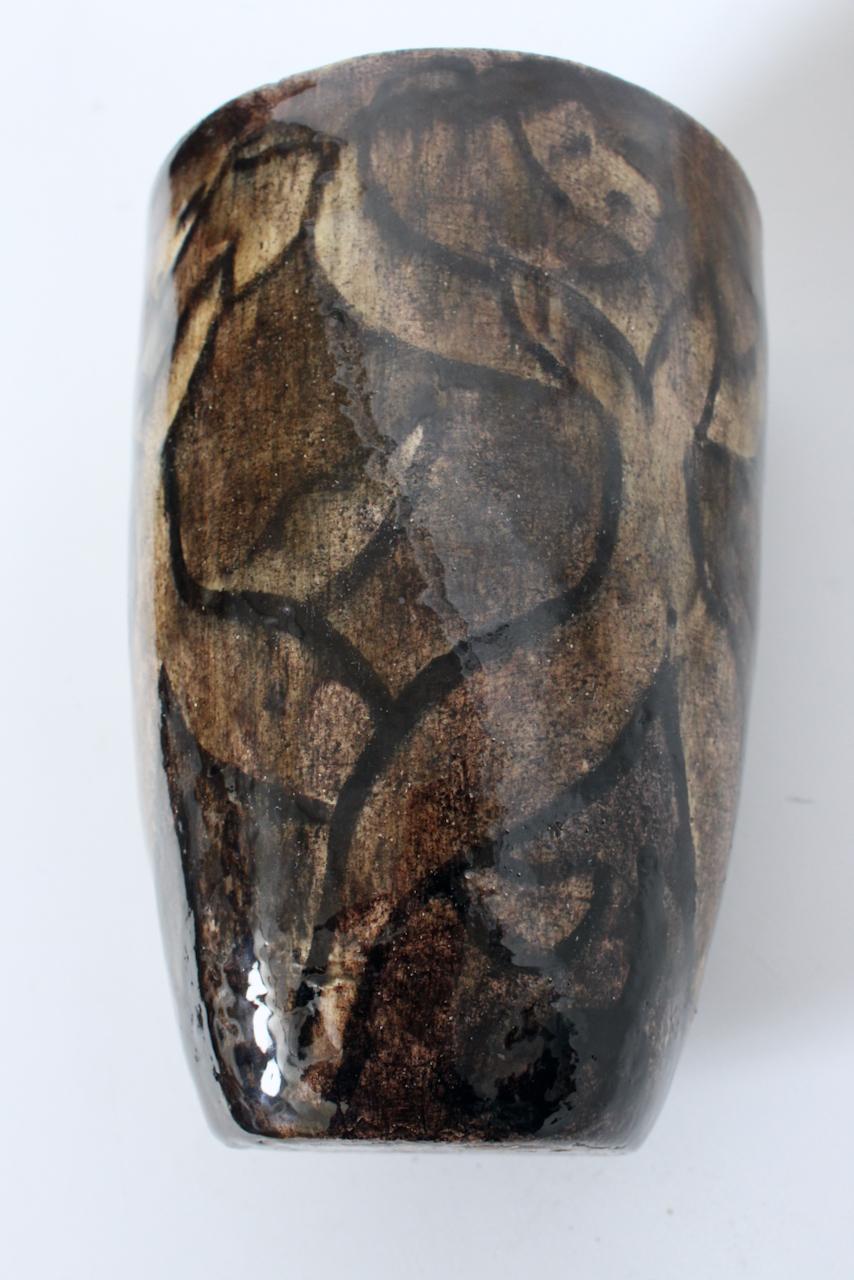 Cereste Figurative Earthen Toned Oblong Glazed Pottery Vase For Sale 2