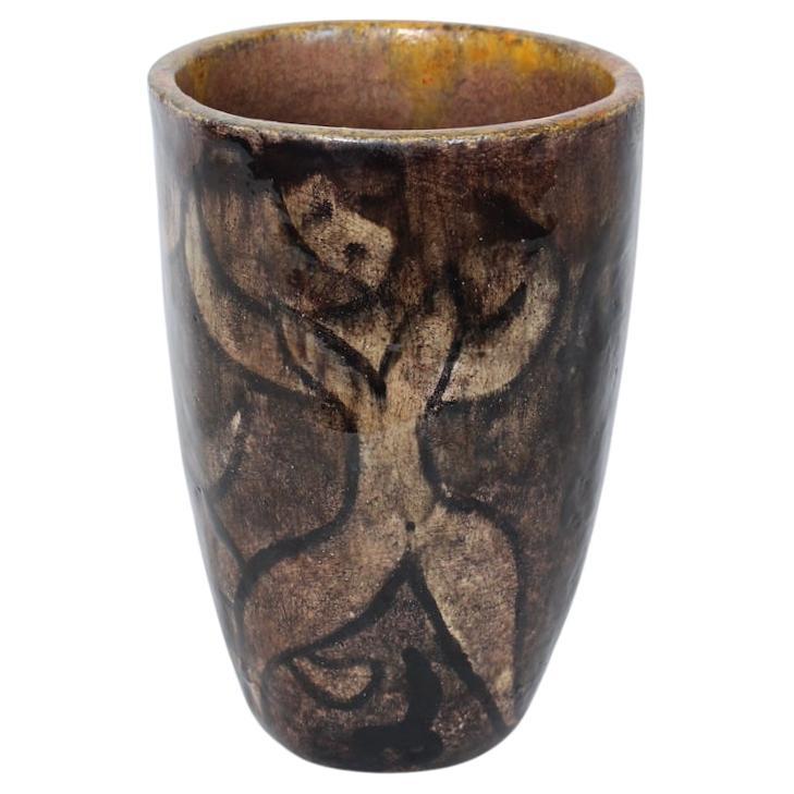 Cereste Figurative Earthen Toned Oblong Glazed Pottery Vase For Sale