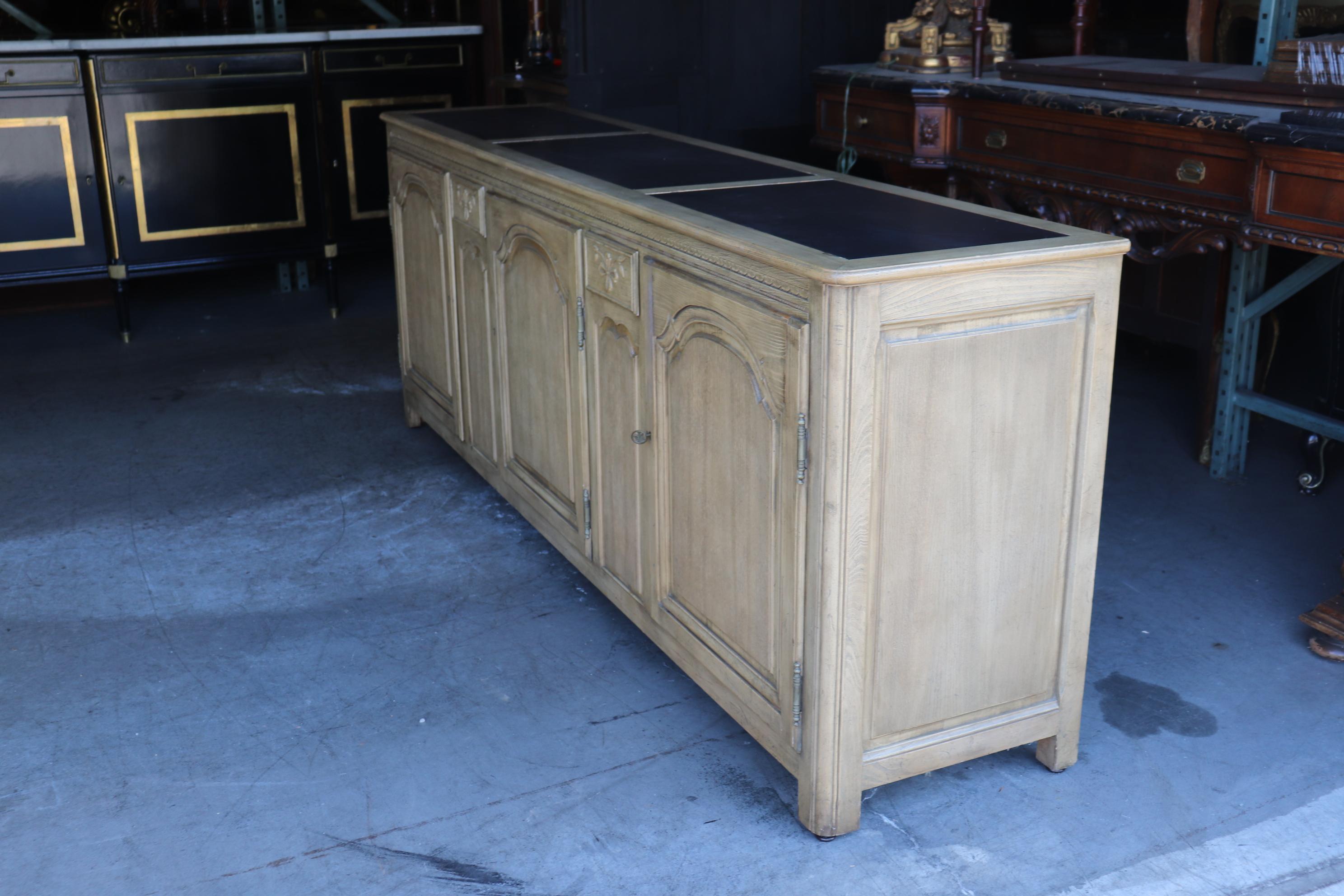French Provincial Cereused Oak French Country Style Baker Slate Top Sideboard Buffet Circa 1960s