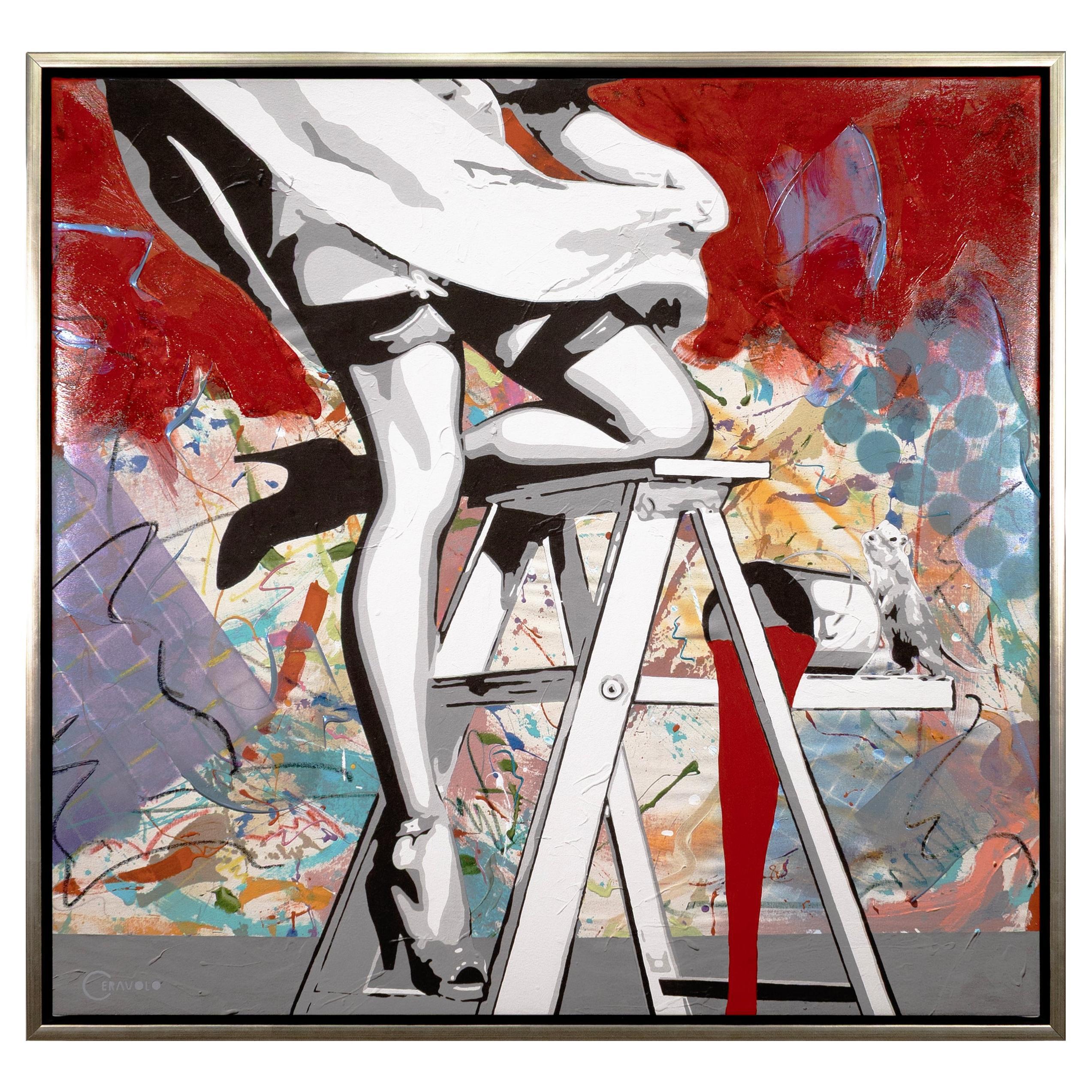 Cerevolo Pintura La Ciudad Rojo Firmado Arte Pop Urbano Pintura Acrílica Lienzo 2000 en venta