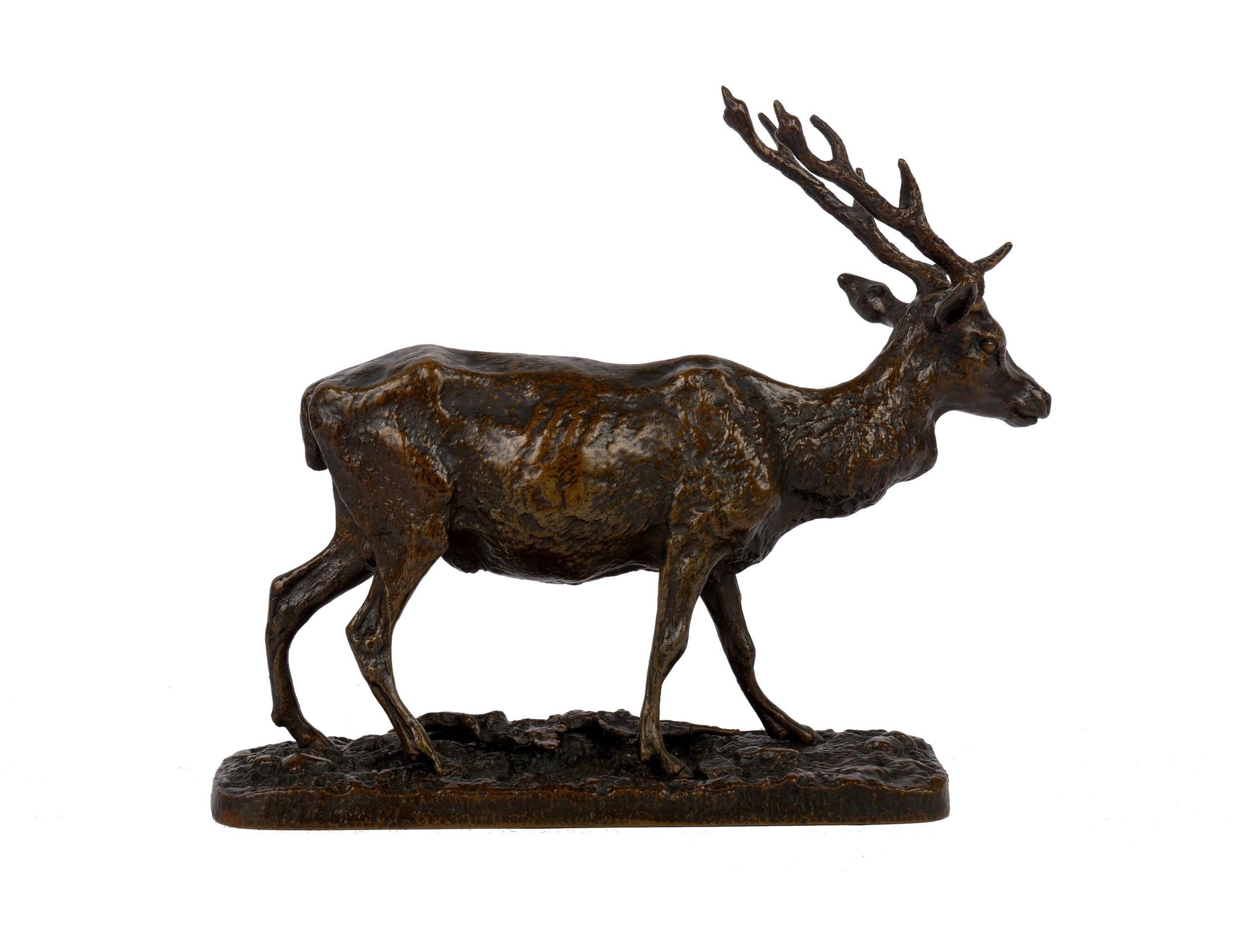 A rare and exquisite mid-19th century sand-cast model of a stag deer executed in Pierre-Jules Mêne's own atelier, it is a silky and finely detailed model with a reddish-brown oxide surface patina preserved under wax. The steady yet delicate