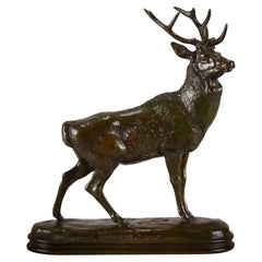 “Cerf qui Écoute” French Animalier Bronze by A L Barye, circa 1875