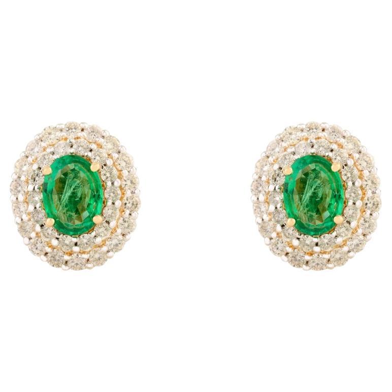 Cerified 1.28 Ct Halo Emerald & Diamond Wedding Stud Earrings in 18k Yellow Gold