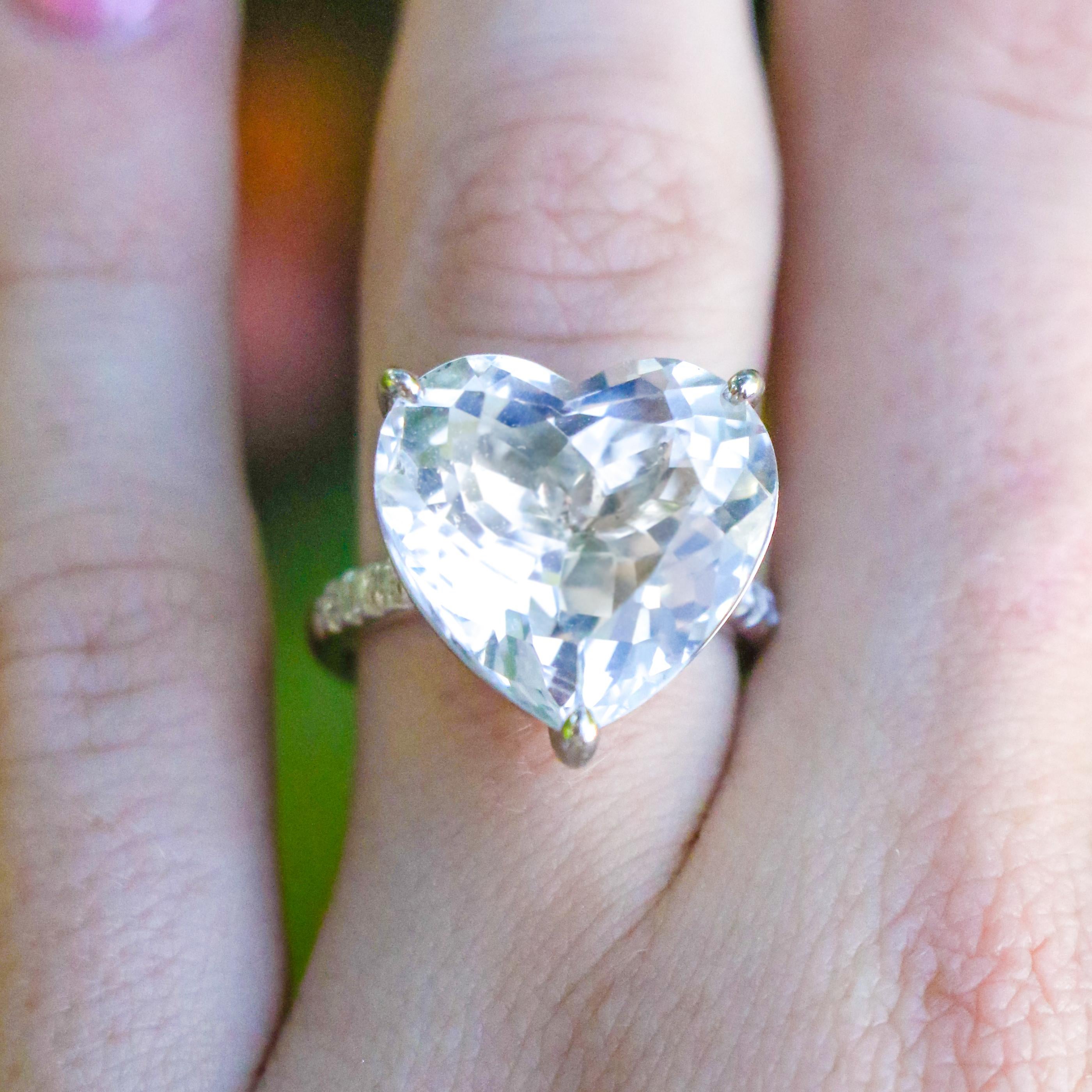 Contemporary Cerified 16.34 Carat Heart Shaped White Topaz Ring with .12 Carats of Diamonds