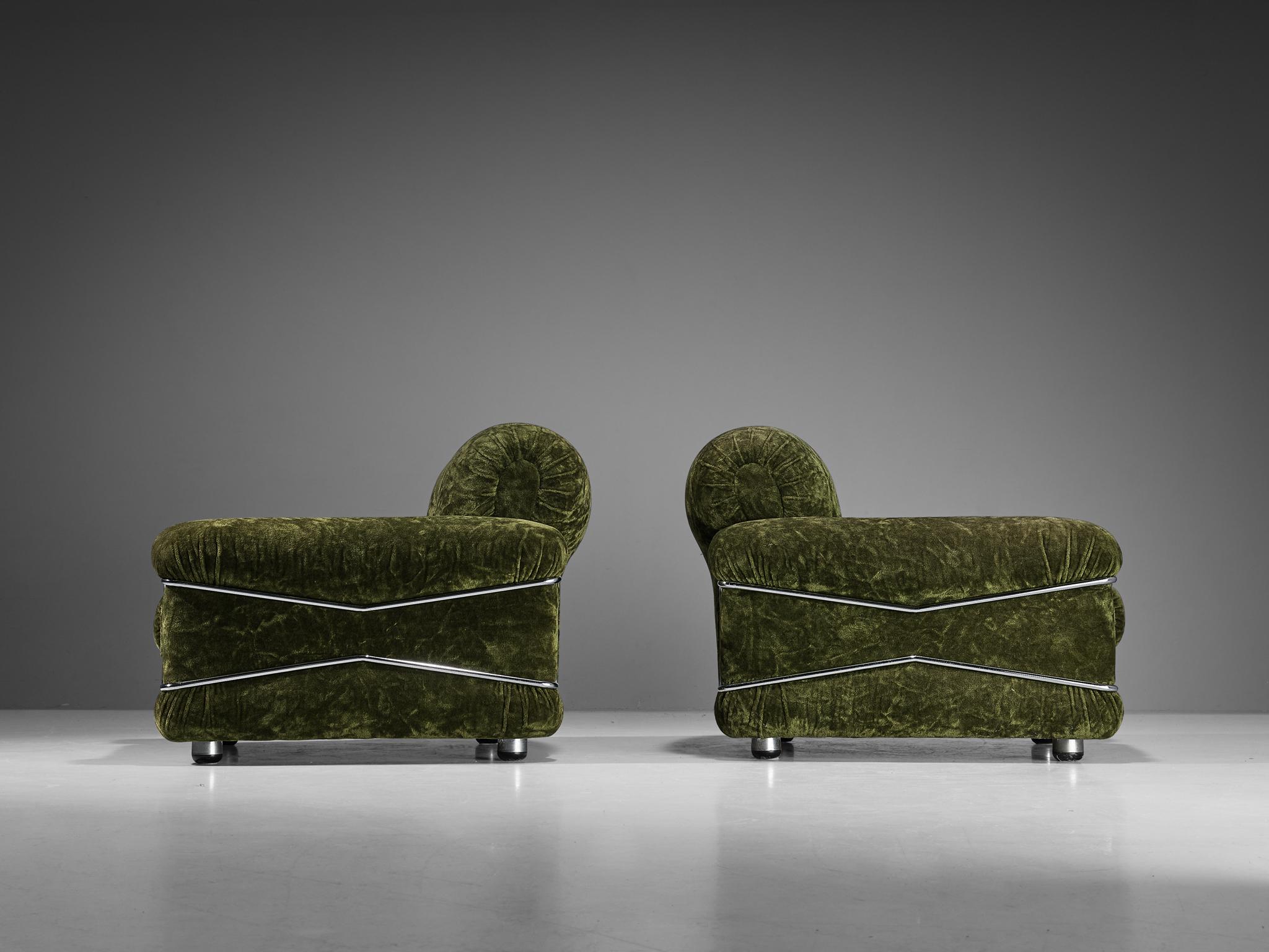 Italian Ceriotti Italia Pair of 'Pompon' Lounge Chairs in Green Velvet and Chrome 