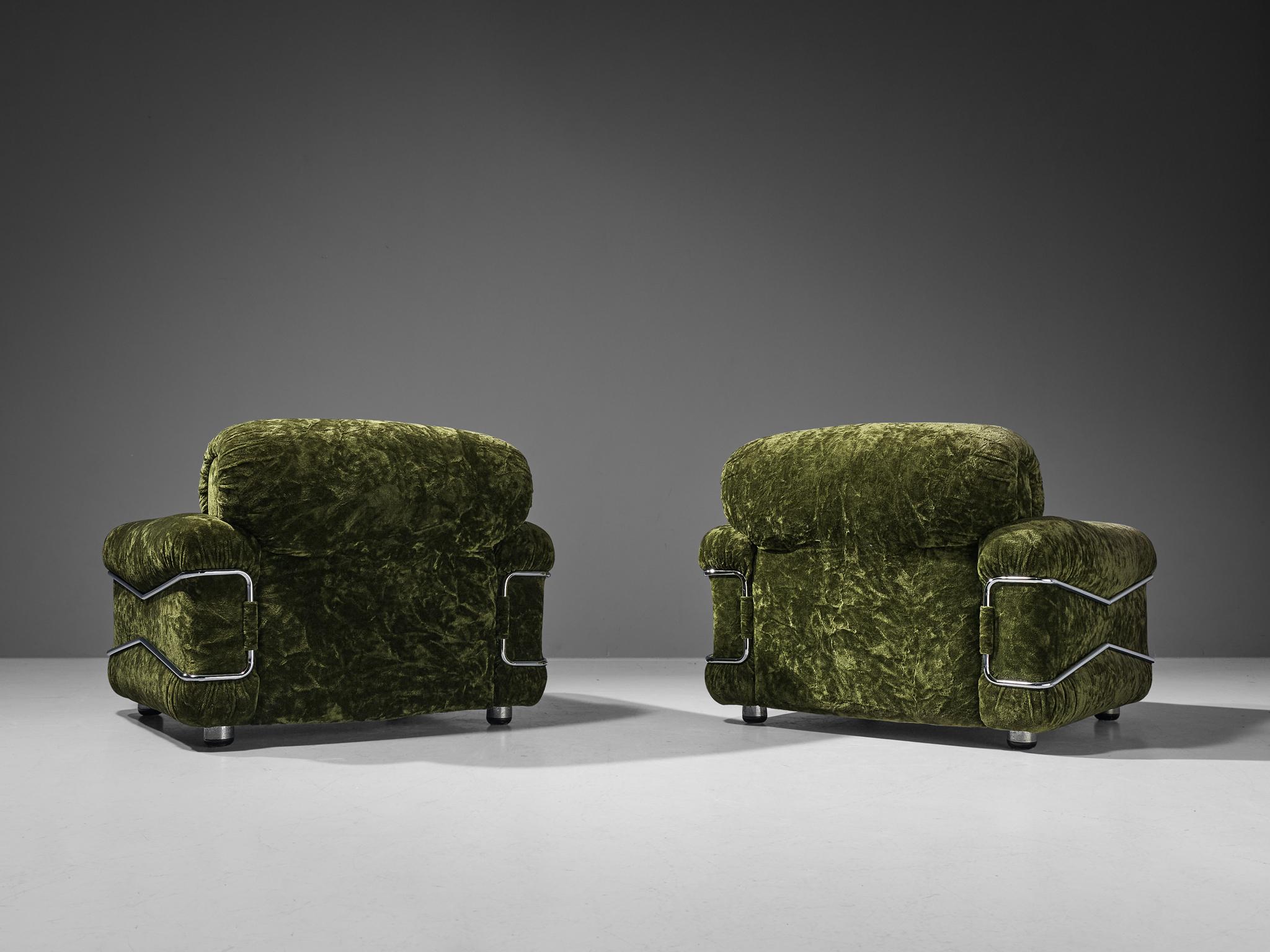 Late 20th Century Ceriotti Italia Pair of 'Pompon' Lounge Chairs in Green Velvet and Chrome 