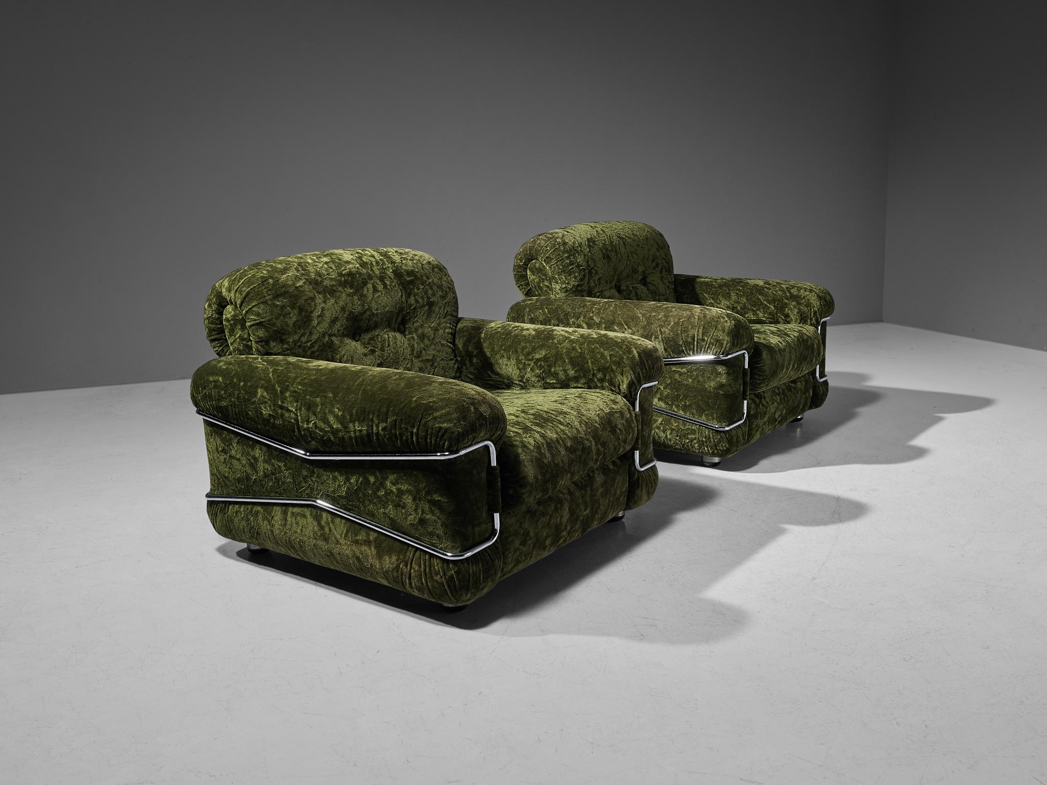 Ceriotti Italia Pair of 'Pompon' Lounge Chairs in Green Velvet and Chrome  1