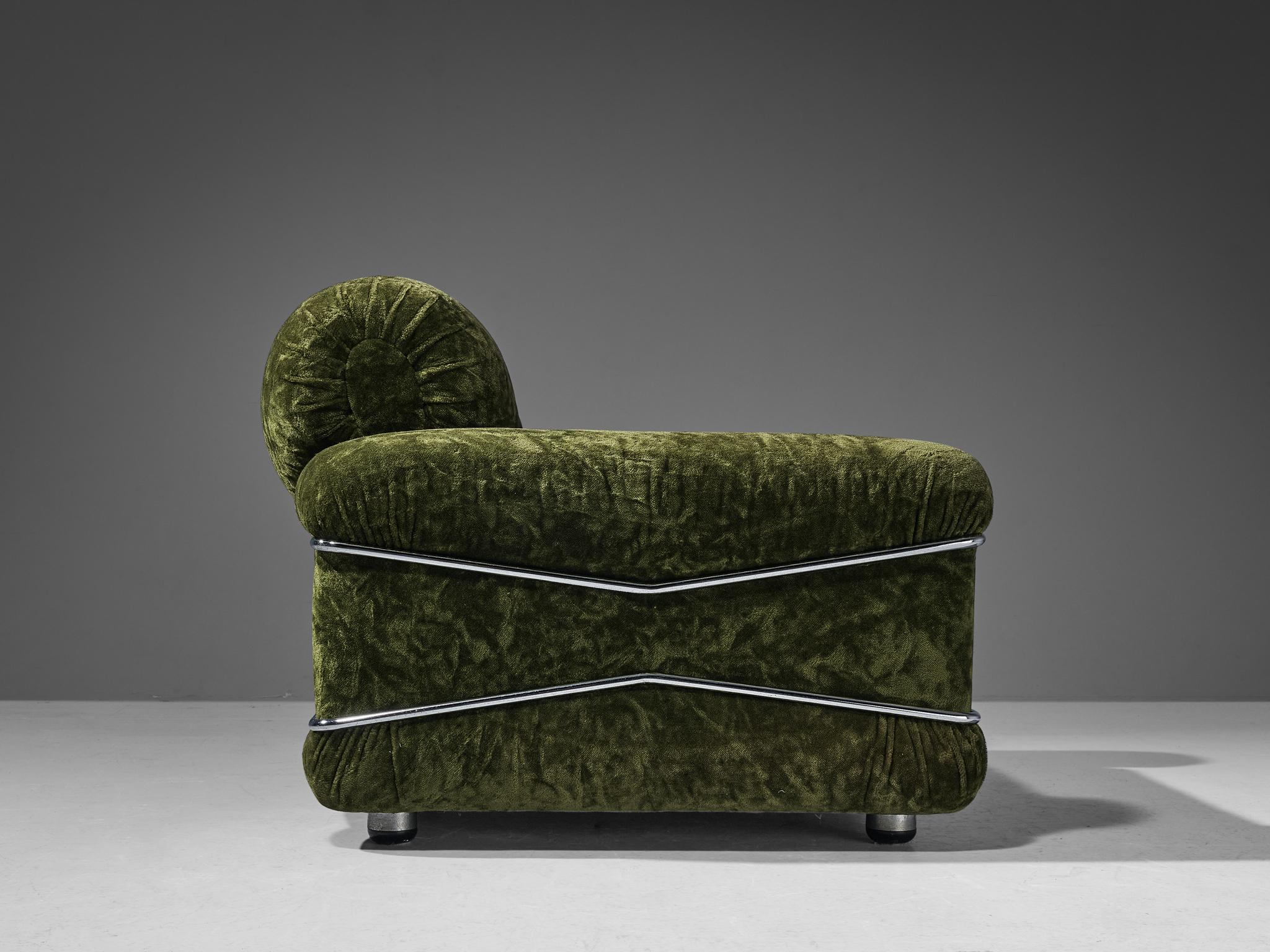 Ceriotti Italia Pair of 'Pompon' Lounge Chairs in Green Velvet and Chrome  2