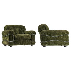 Ceriotti Italia Pair of 'Pompon' Lounge Chairs in Green Velvet and Chrome 