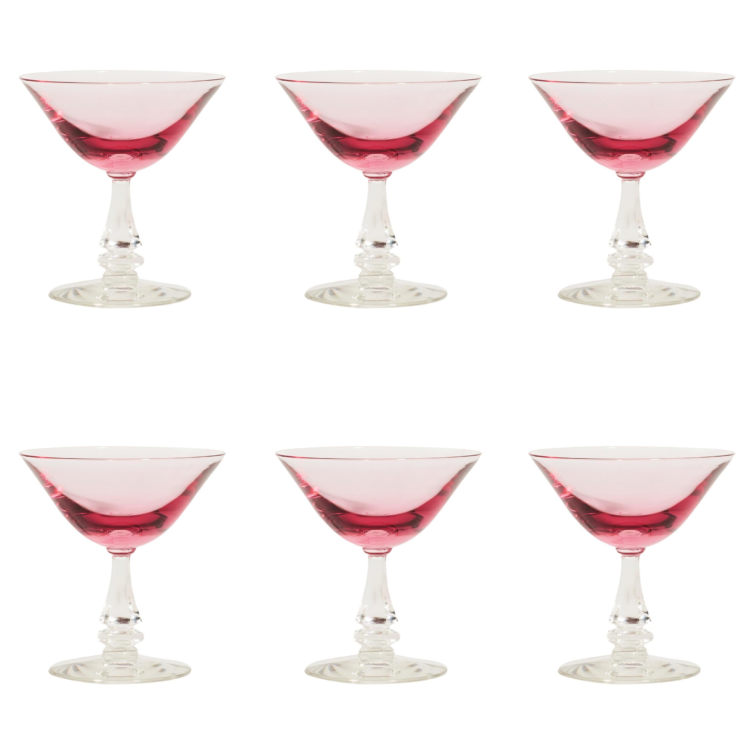 Ombré cerise pink crystal cocktail glasses with decorative faceted stems, set of six. Glasses are hand made and can vary ever so slightly in color shape.