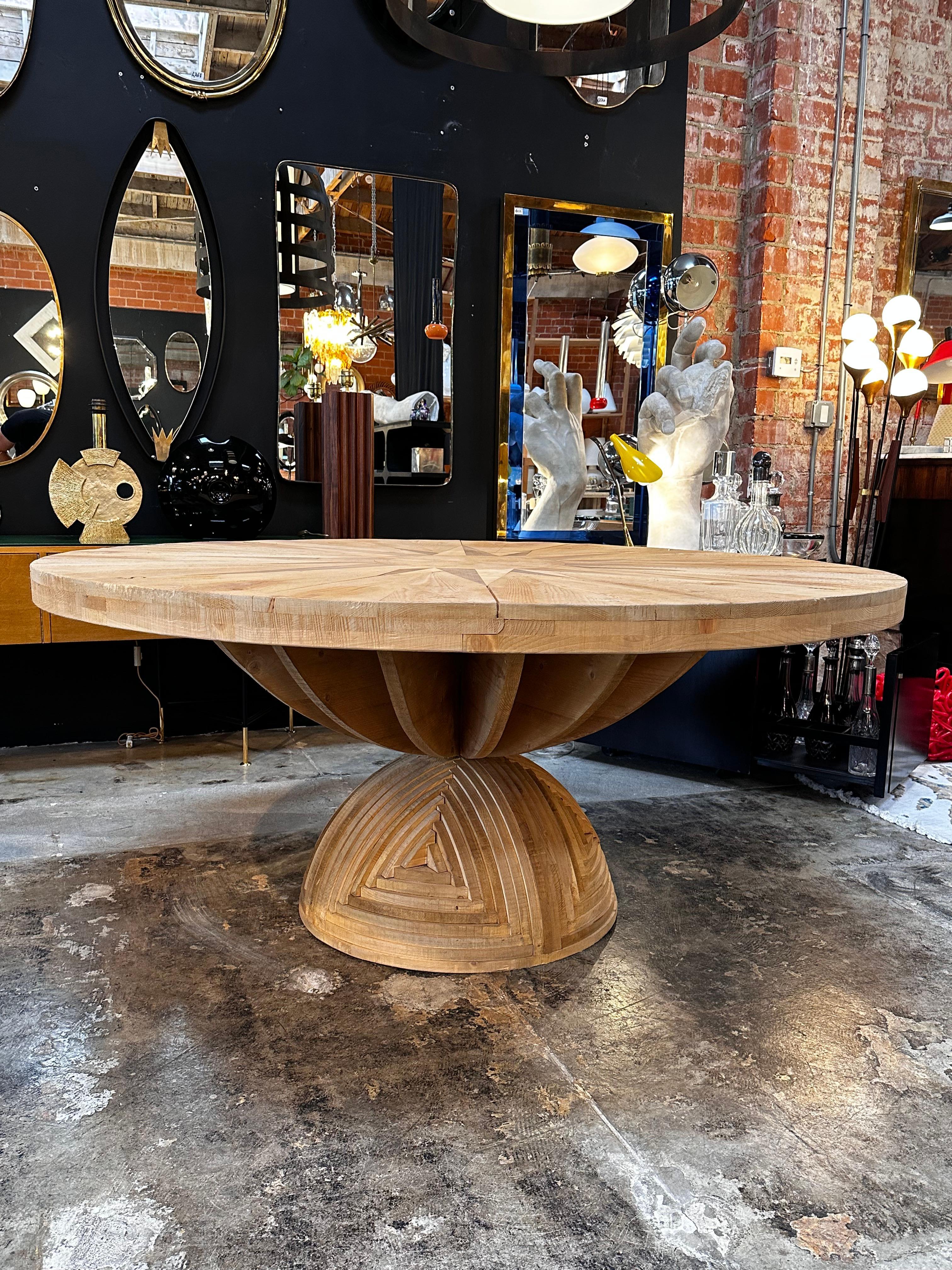 The 1st EDITION Large Rosa dei Venti table, designed by the renowned artist Mario Ceroli in the 1970s and crafted by Poltronova, is a truly remarkable piece of art and furniture. This exquisite table is characterized by its exceptional craftsmanship