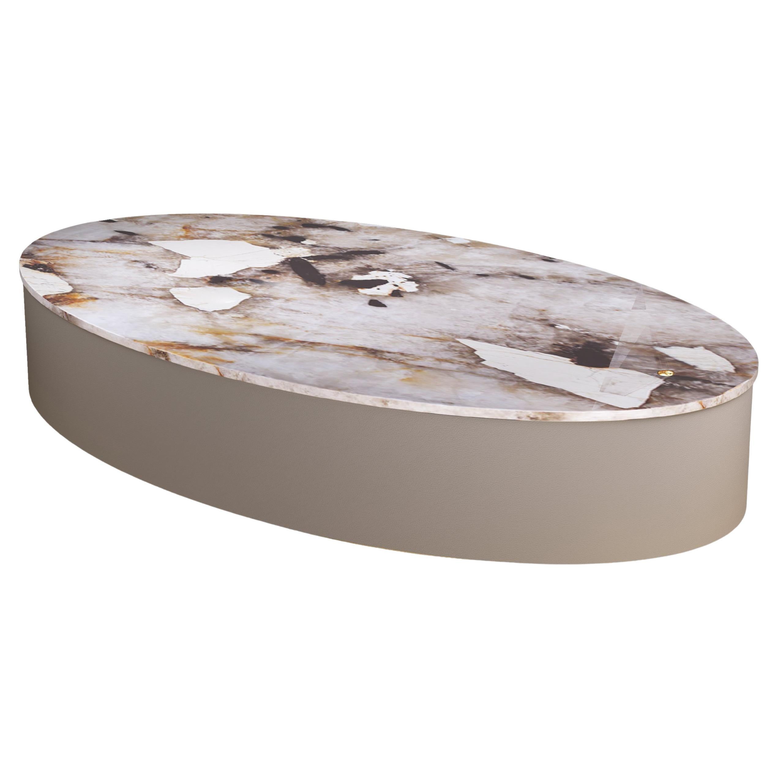 Cerro Oval Quartzite Center Table in Leather by Mansi London For Sale