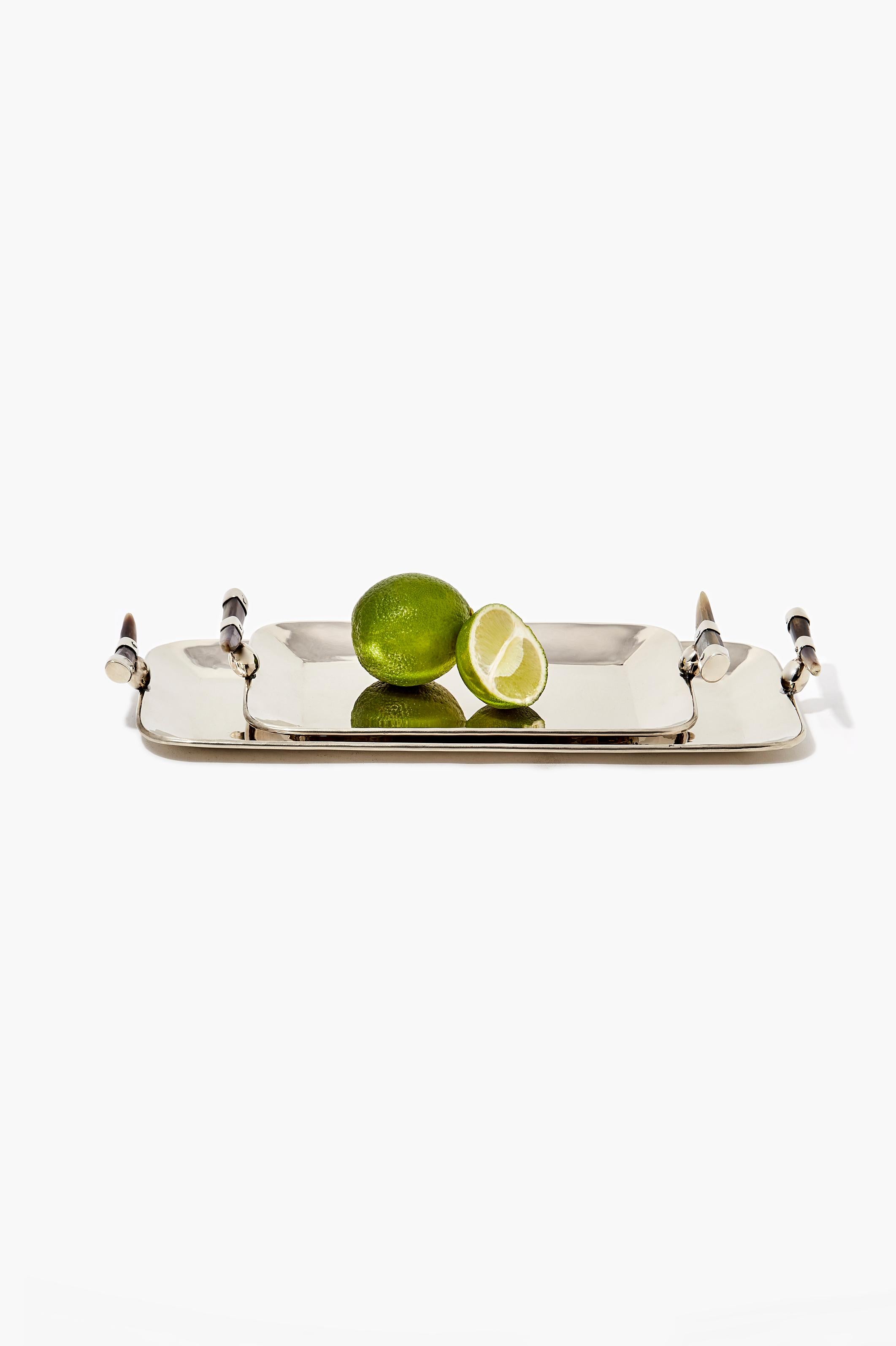 Organic Modern CERRO Rectangular Small Tray, Horn & Alpaca Silver For Sale