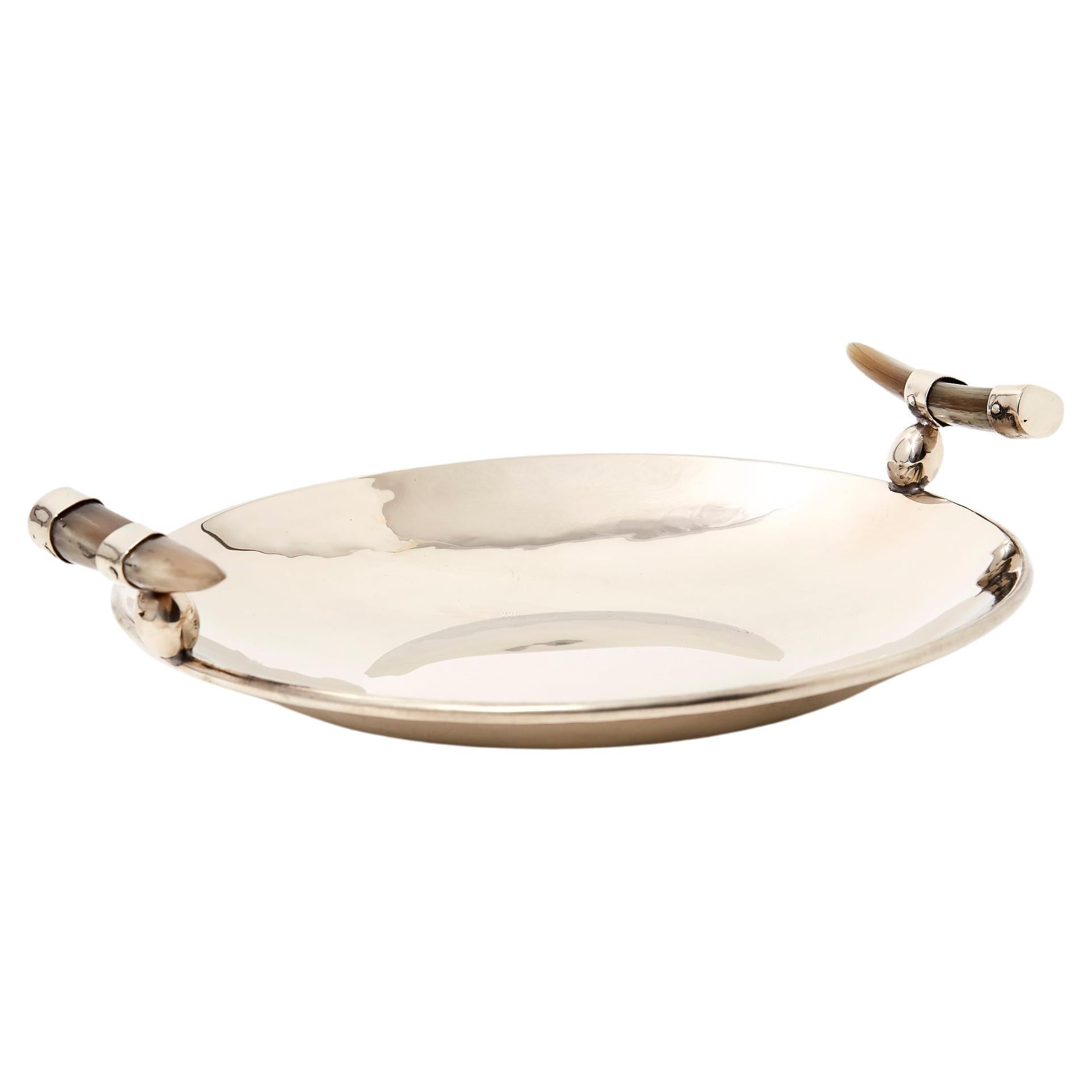 CERRO Round Large Tray, Horn & Alpaca Silver For Sale