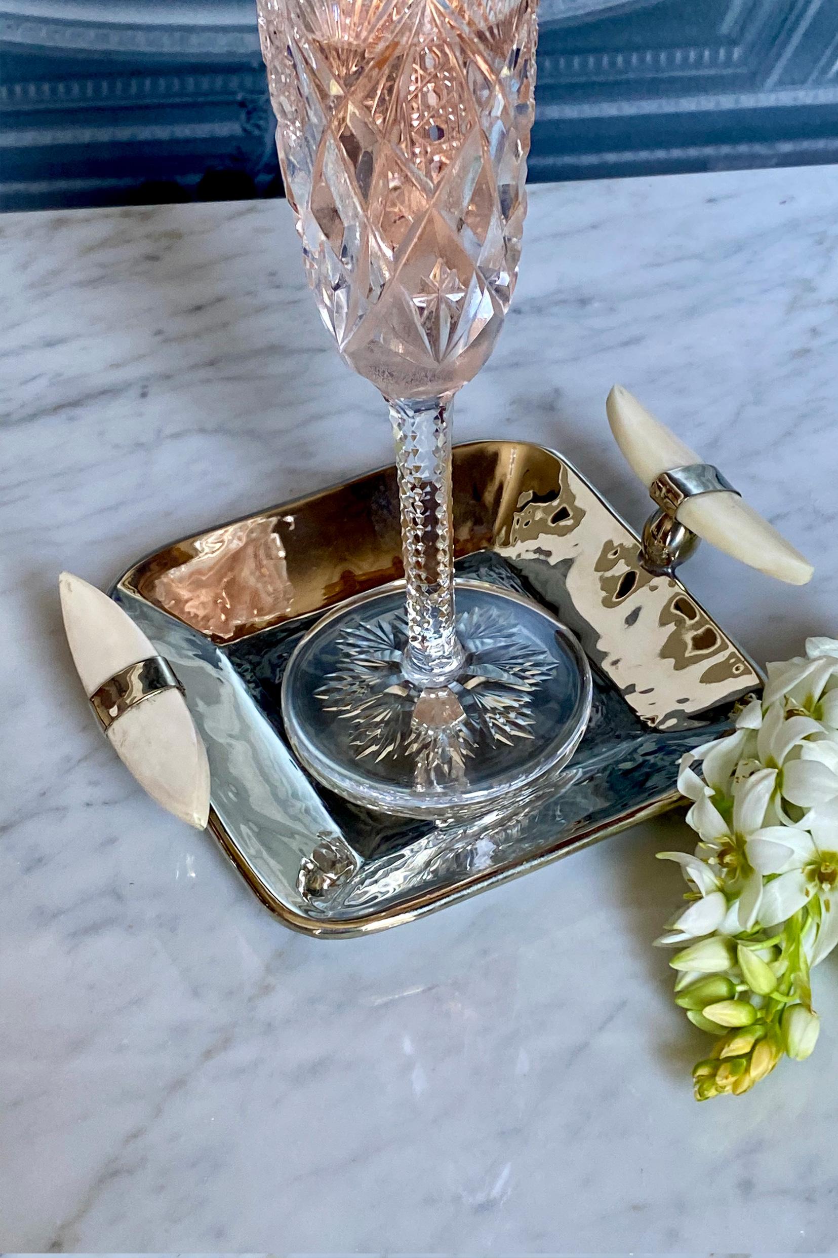 Cerro Set Square Medium and Large Trays, Polished White Bone & Alpaca Silver In New Condition For Sale In Buenos Aires, AR