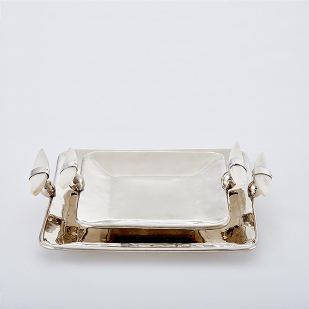 Organic Modern CERRO Square Medium Tray, Polished White Bone & Alpaca Silver For Sale