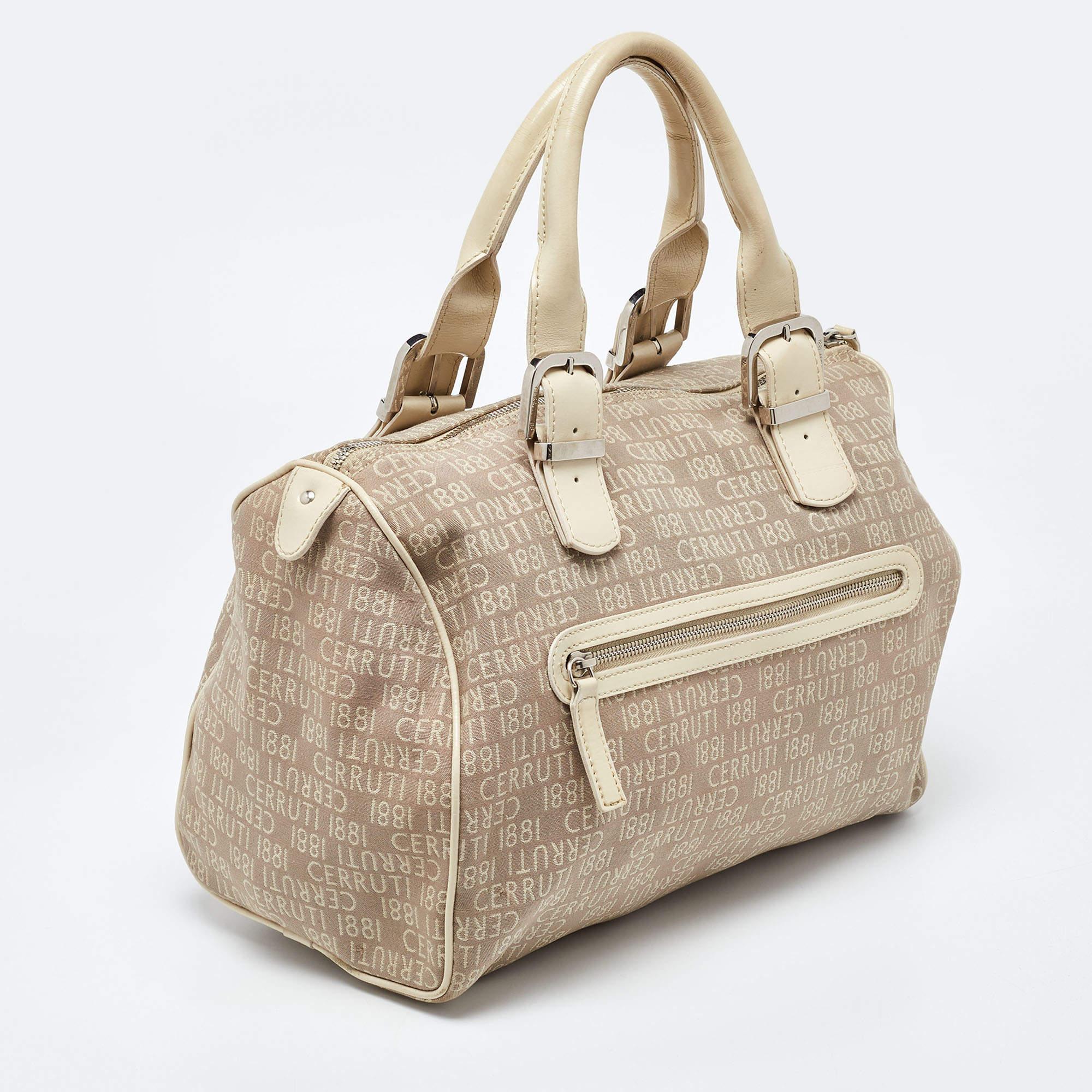 Cerruti Beige Signature Canvas and Patent Leather Boston Bag In Good Condition For Sale In Dubai, Al Qouz 2