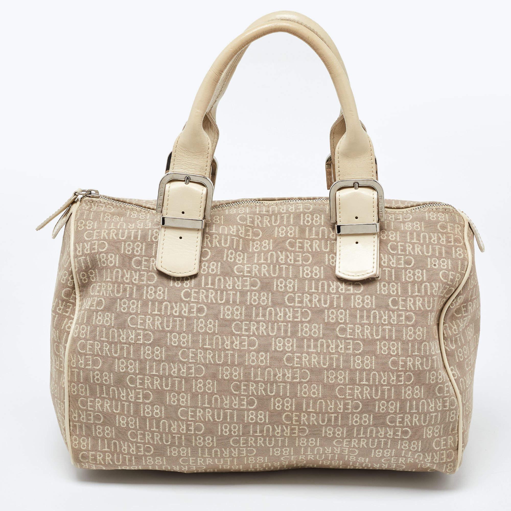 Women's Cerruti Beige Signature Canvas and Patent Leather Boston Bag For Sale