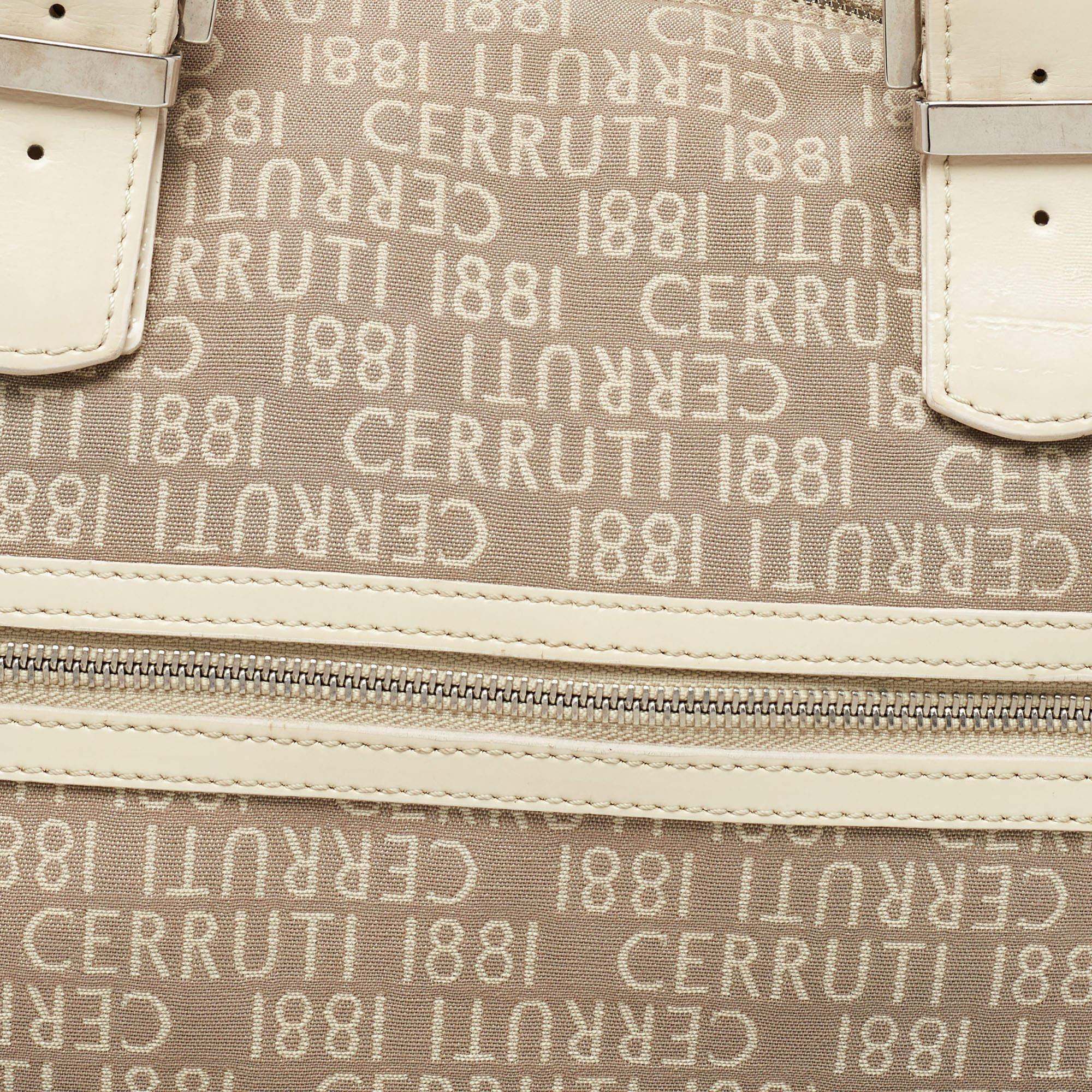 Cerruti Beige Signature Canvas and Patent Leather Boston Bag For Sale 2