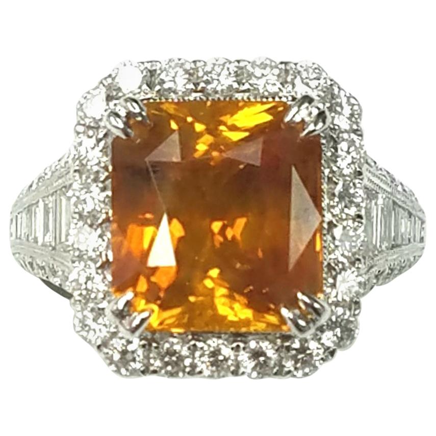 Cert. 18k Gold Emerald Cut Fancy Orange Sapphire Diamond Ring  For Sale