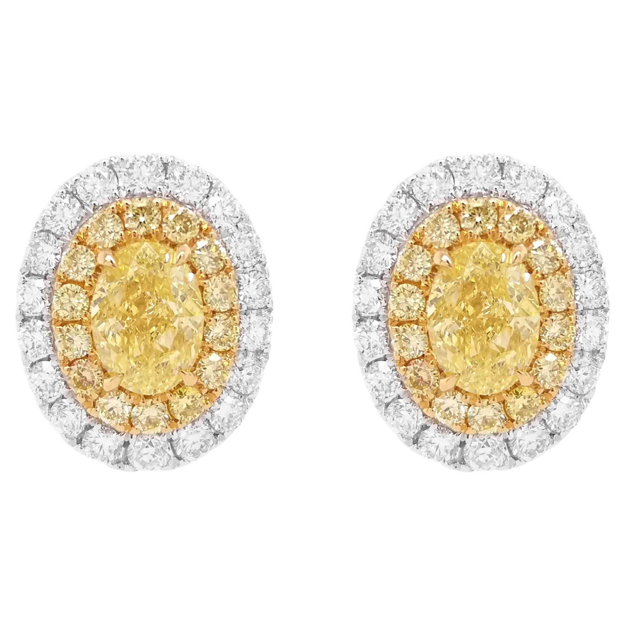 Pendientes de diamantes amarillos y blancos naturales de talla oval certificada GIA de 1,2 ct