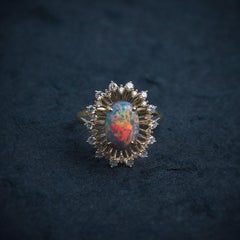 Australian Black Opal Diamond Halo Engagement Ring 18K Yellow Gold