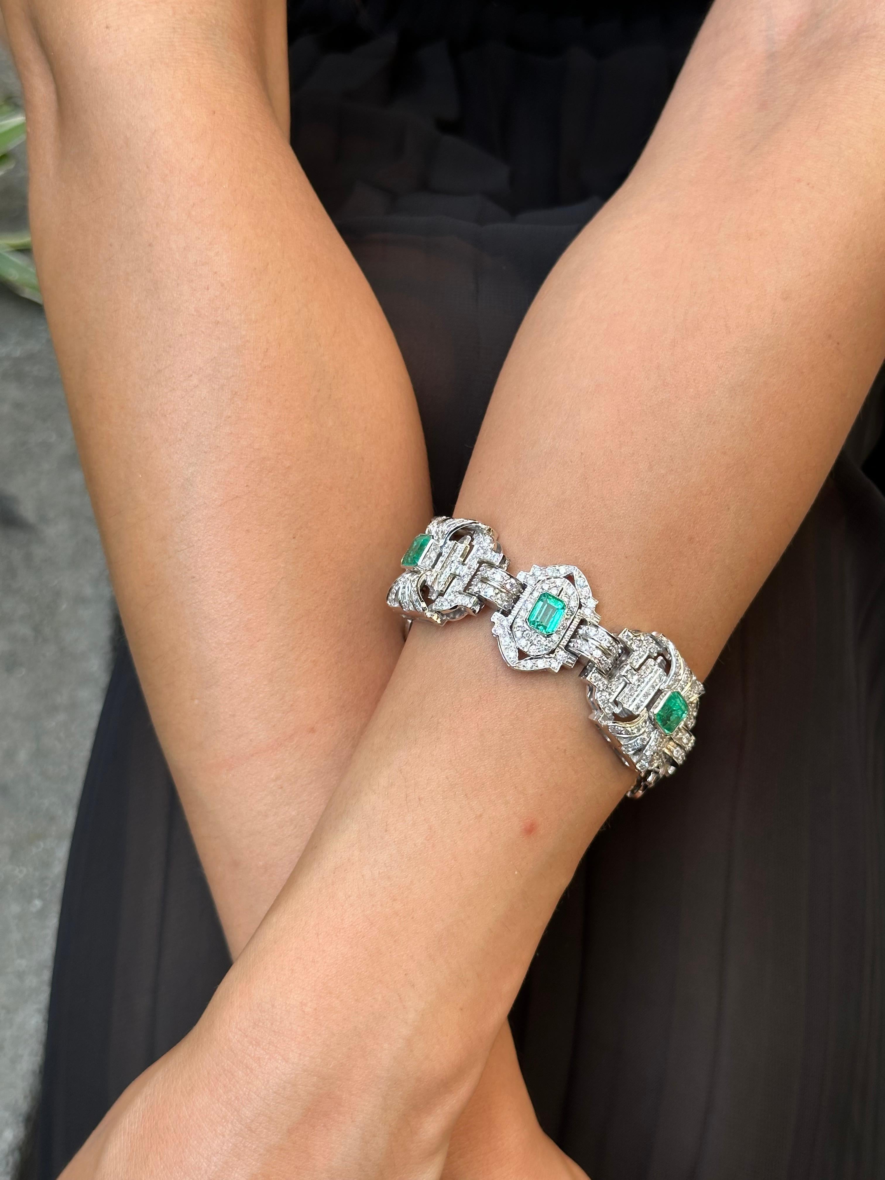 Certificated Art Deco Diamond and Colombian Emerald Bracelet For Sale 1