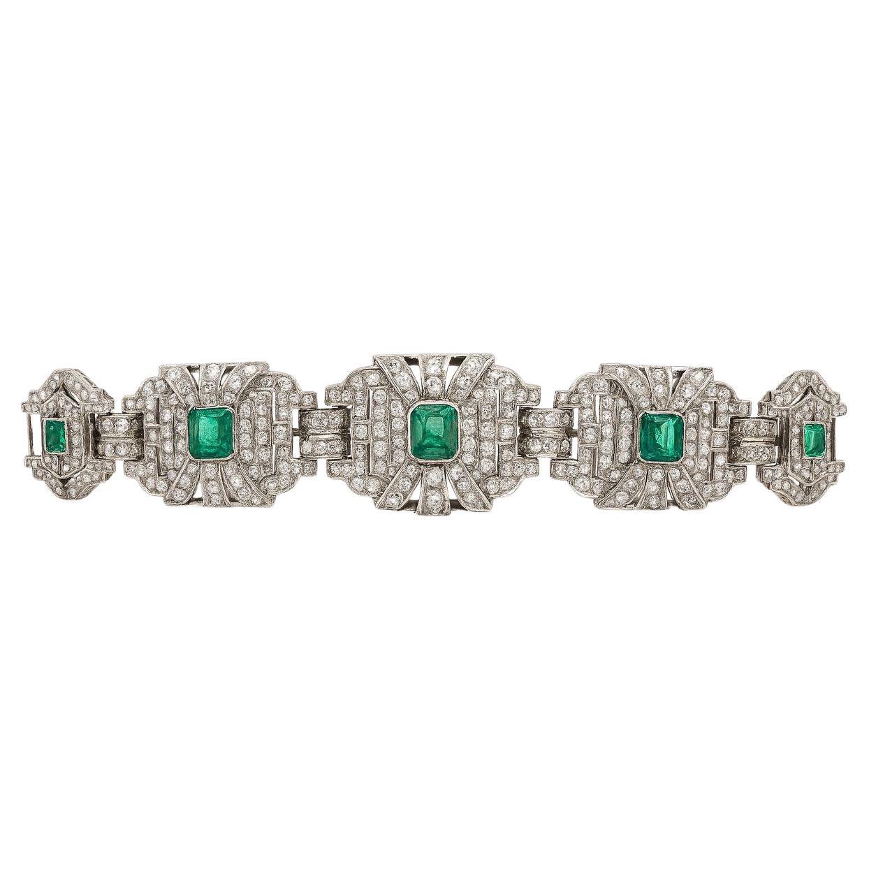 Bracelet Art déco certifié en diamants et émeraudes de Colombie