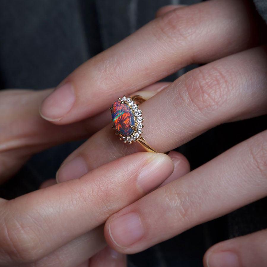 Guild Gemstone Certification Exquisite Australian Black Opal Halo Diamond Engagement Ring 18K Yellow Gold.


Free Domestic USPS First Class Shipping! Free Gift Bag or Box with every order!

Opal—the queen of gemstones, is one of the most beautiful