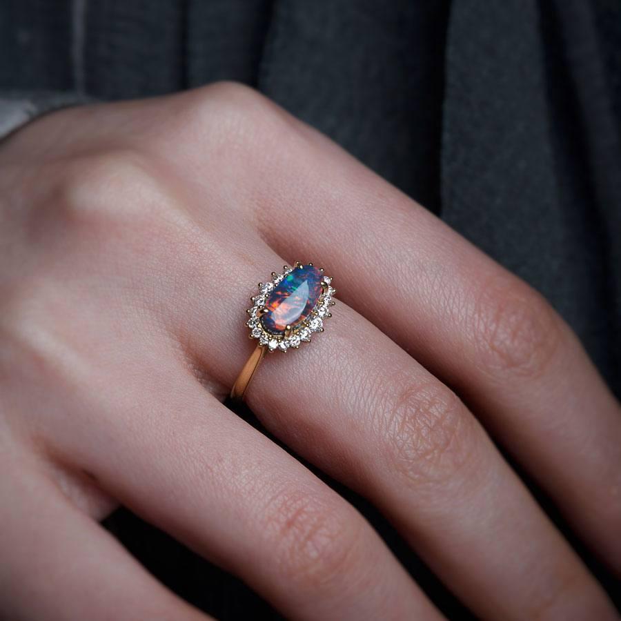 Arts and Crafts Certificated Black Opal Halo Diamond Engagement Ring 18K Gold For Sale