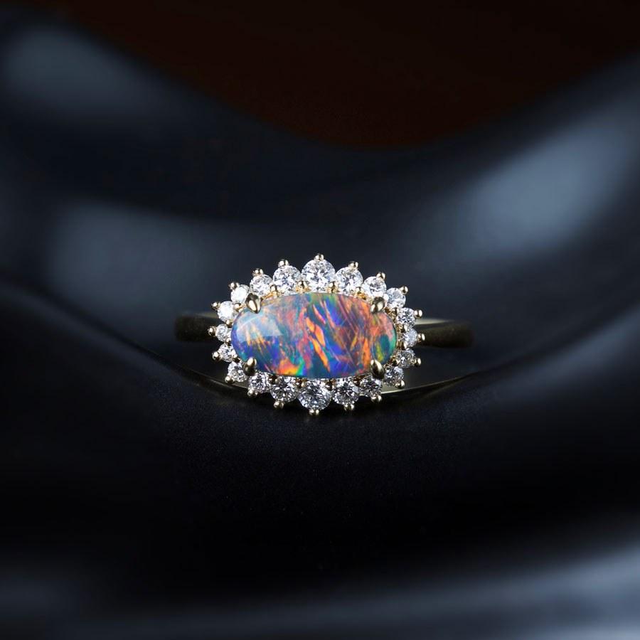 Brilliant Cut Certificated Black Opal Halo Diamond Engagement Ring 18K Gold For Sale